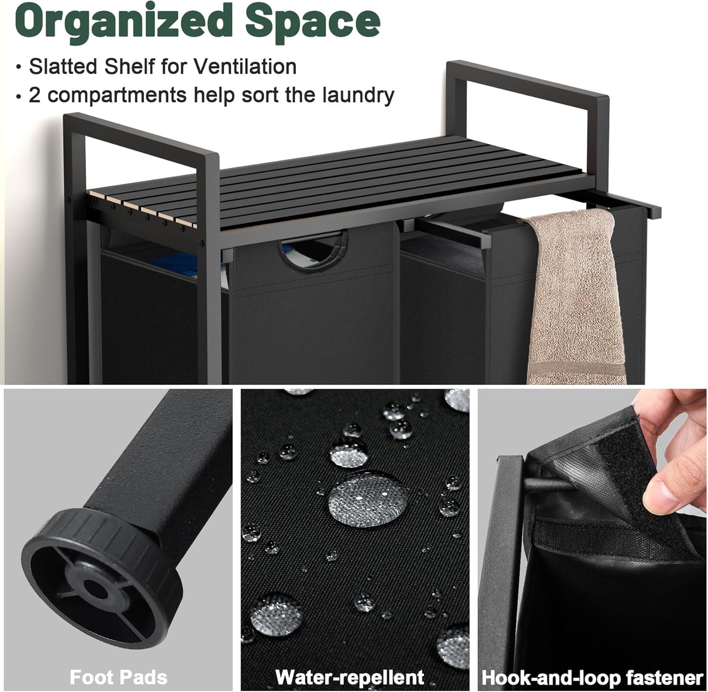 Laundry Hamper, Laundry Sorter with 2 Pull-Out Removable Oxford Fabric Bags Cloth Laundry Basket 2 x 10 Gallons (Charcoal Black)