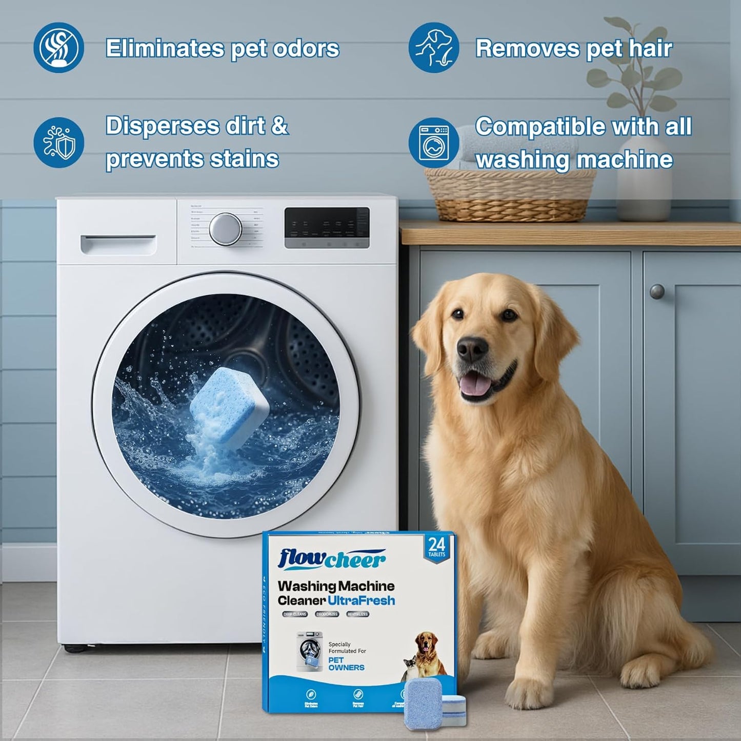 Washing Machine Cleaner Tablets, Septic Safe Descaler for Removing Pet Hair, Odors & Residue, For Pet Owners, HE Front Load & Top Load Washers, 24 Pack (1 Year Supply)