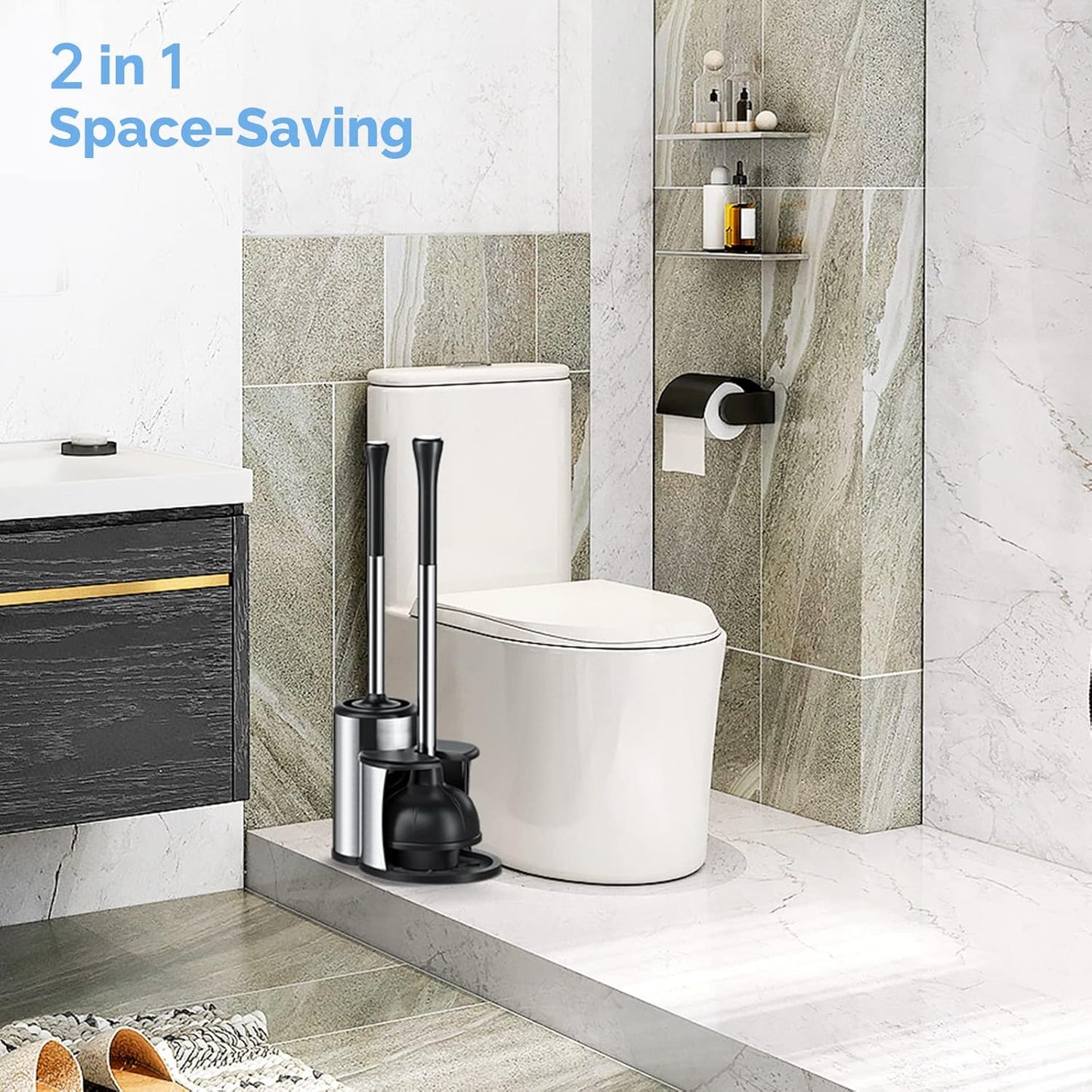 HAMITOR Toilet Plunger and Bowl Brush Set: 2 in 1 Stainless Steel Heavy Duty Toilet Cleaner Plunger with Holder Combo for Bathroom Cleaning - Modern Hideaway Bathroom Accessories with Caddy Stand