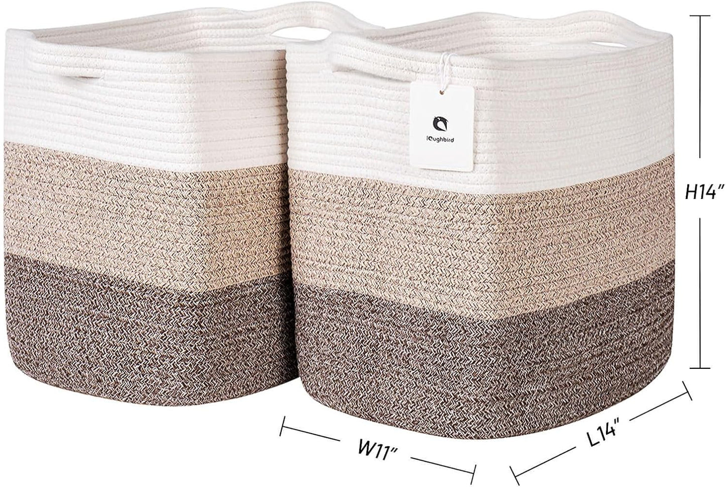 Storage Baskets for Clothes Fabric Cotton Rope Storage Basket with Handles, Decorative Woven Basket for Living Room,Closet Organizer Blankets, and 2bags (Gradient Brown, L14×W11×H14)