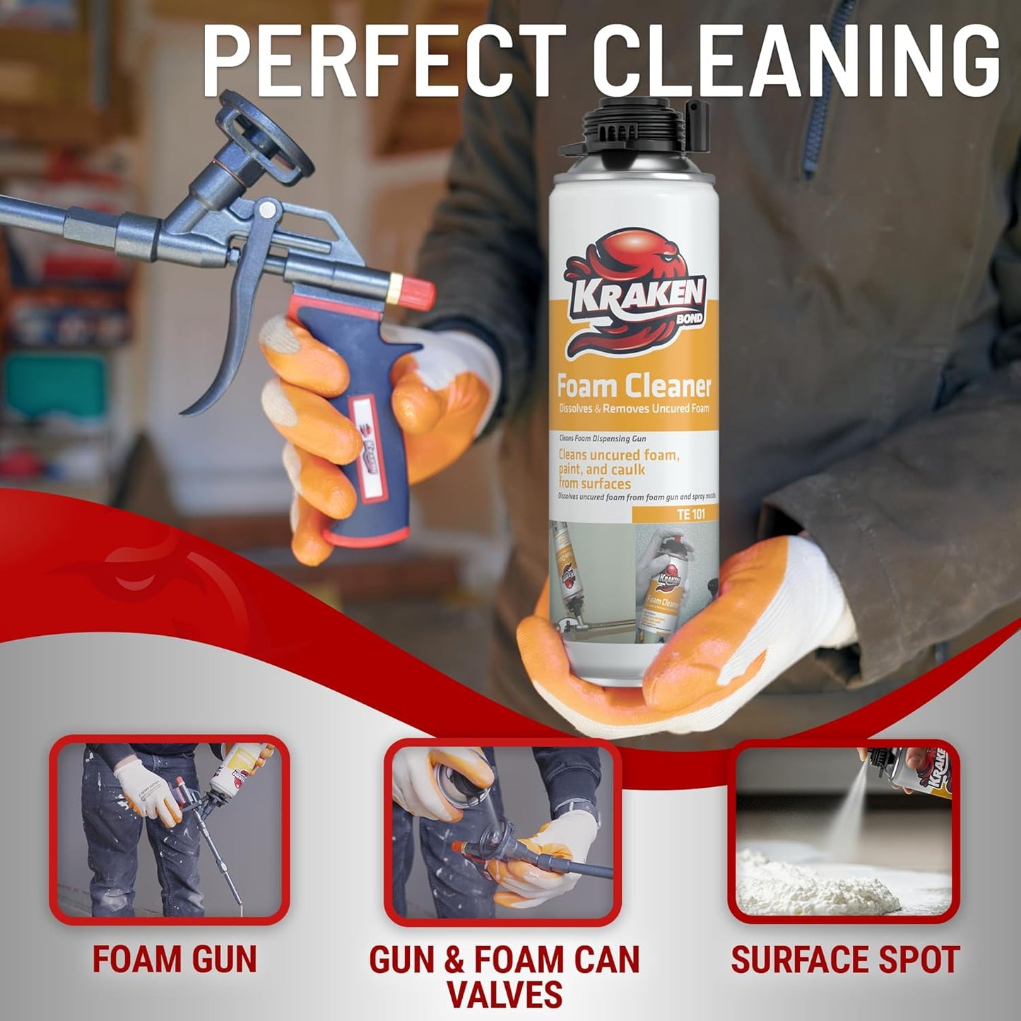 Kraken Bond Spray Foam Gun Cleaner - (24x12.3oz) Polyurethane Insulation Cleaner Spray, Dissolves Uncured Expanding Foam Cleaner Spray for Extended Tool Durability - 24 Pack