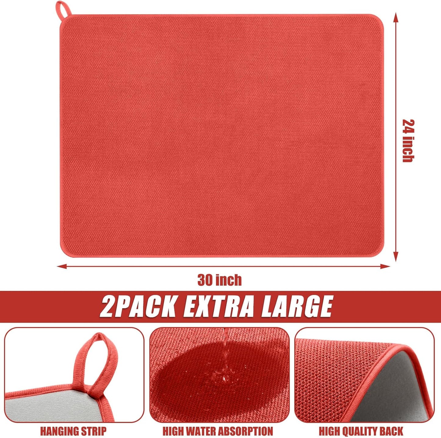 Hushee 2 Pack Extra Large Dish Drying Mat Microfiber Absorbent Dish Drying Pad Large Size Dishes Drainer Mats for Countertop, Sink, Refrigerator or Dryer (30 x 24 Inch,Red)