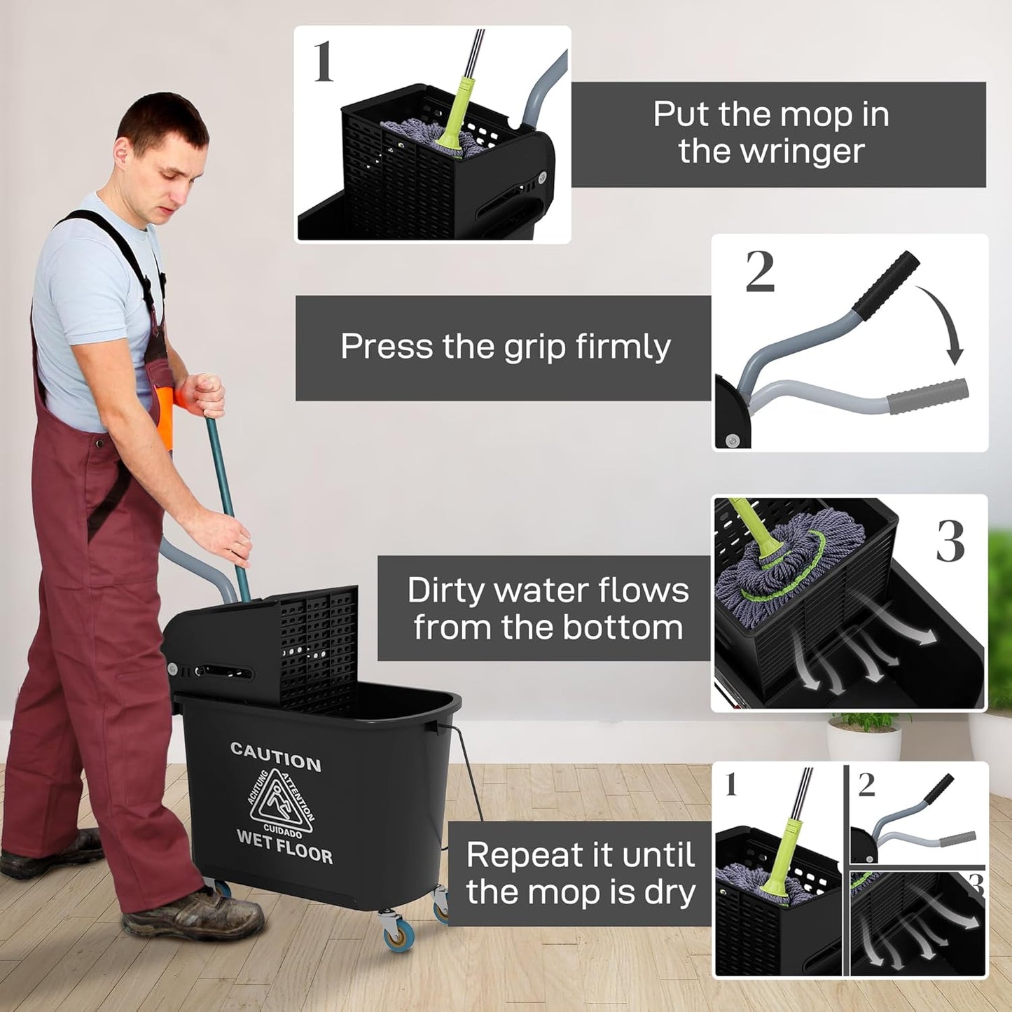 HOMCOM Compact Mop Bucket with Wringer on Wheels for Floor Cleaning, 21 Quart, Separate Dirty and Clean Water, for Home, Apartment, Black