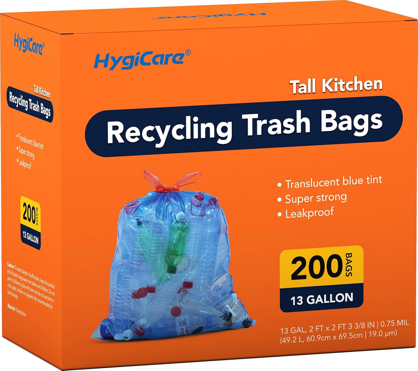 13 Gallon Recycling Trash Bags, Unscented 200 Count Drawstring Tall Kitchen Garbage Bags, Pre-Separated, Ultra Strong, Leakproof, Sturdy, Translucent Blue