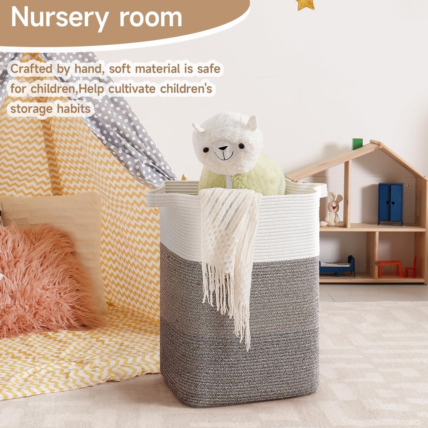 CLHMILY&Z 75L Laundry Hamper Rectangular Cotton Rope Basket - 16x13x22 Inches - Durable and Soft Storage Bin for Clothes, Toys, and Nursery Essentials, Brown & White