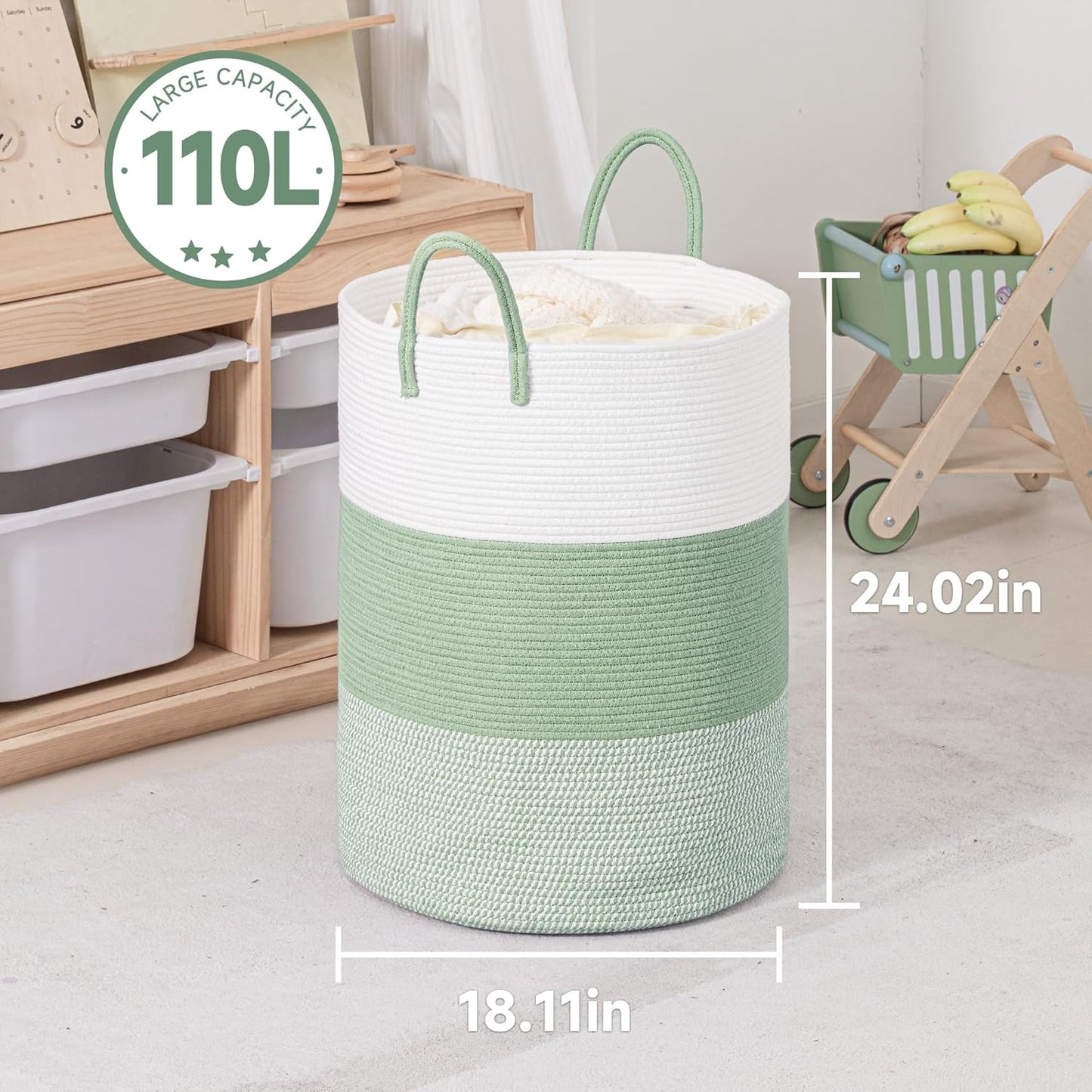 CLHMILY&Z 100L Laundry Basket Round Storage Rope Basket - 18.1x24 Inches - Green Hamper in Bedreoom and Cute Storage Bin for Blankets, Toys, and Nursery Essentials