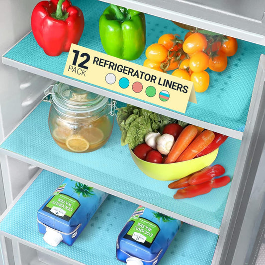 Refrigerator Liners for Shelves (12 Pack) by Linda’s Essentials - Non-Adhesive Shelf or Drawer Liner, BPA-Free Fridge Mats for Kitchen & Cabinets, Easy to Clean, Ideal Household Essentials (Blue)
