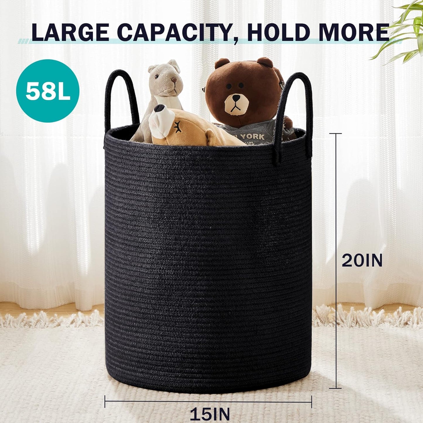 YOUDENOVA Woven Rope Laundry Hamper Basket, 58L Tall Laundry Basket, Baby Nursery Hamper for Blanket Storage in Bedroom-Large- Black