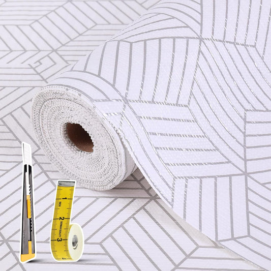 Shelf Liners for Kitchen Cabinets Non Adhesive Shelf Liner Paper Non-Slip Thickened Drawer Liner Easy to Clean for Tool Box Refrigerator with Knife and Tape Measure, Silver Geometric, 23.6 x 236.2 in
