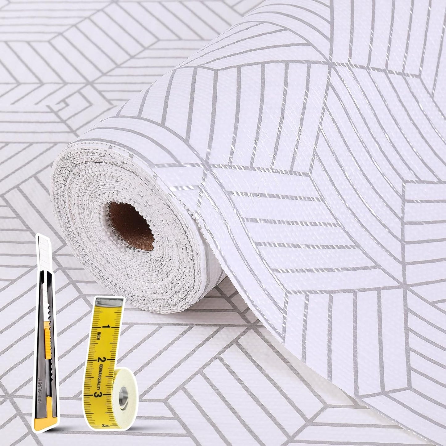 Shelf Liners for Kitchen Cabinets Non Adhesive Shelf Liner Paper Non-Slip Thickened Drawer Liner Easy to Clean for Tool Box Refrigerator with Knife and Tape Measure, Silver Geometric, 23.6 x 354.3 in