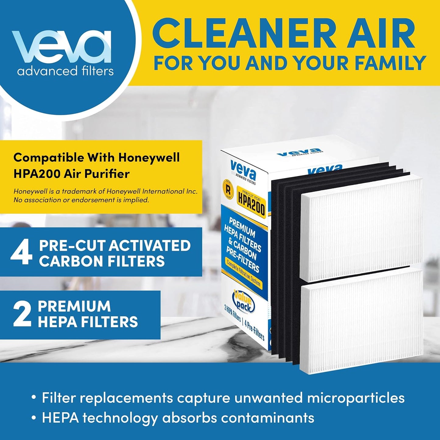 HPA200 Replacement Filters for Honeywell Air Purifier - 2 HEPA Filters w/ 4 Carbon Pre-Filters, Compatible with HPA200, 202, 204, HRF-ARVP200 Series Filter R