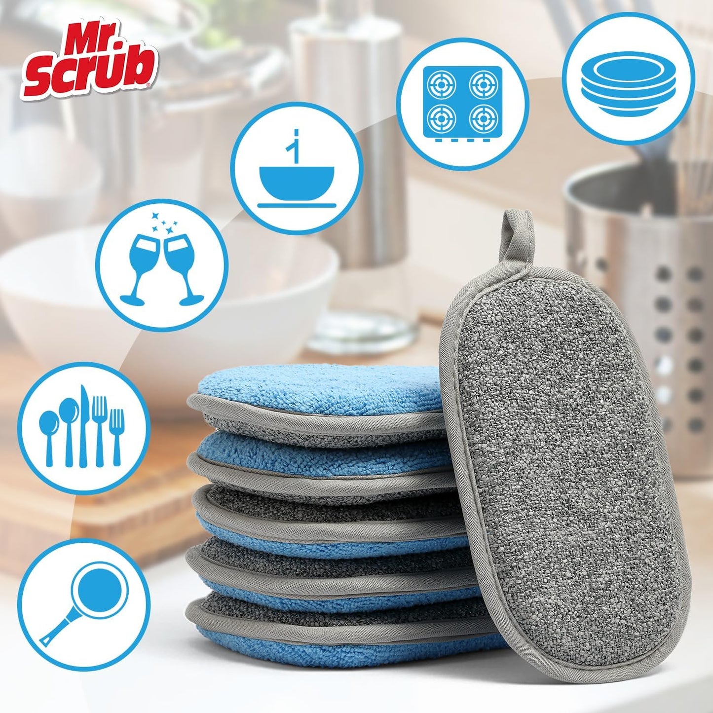 Sponges Kitchen Dish Sponge for Washing Dishes Cleaning Kitchen, All-Purpose, 6 Pack, Non Scratch, Rough Scrubbers Side for Non-Stick Cookware, Soft Microfiber Scrub Side for Dishes, Mr. Scrub