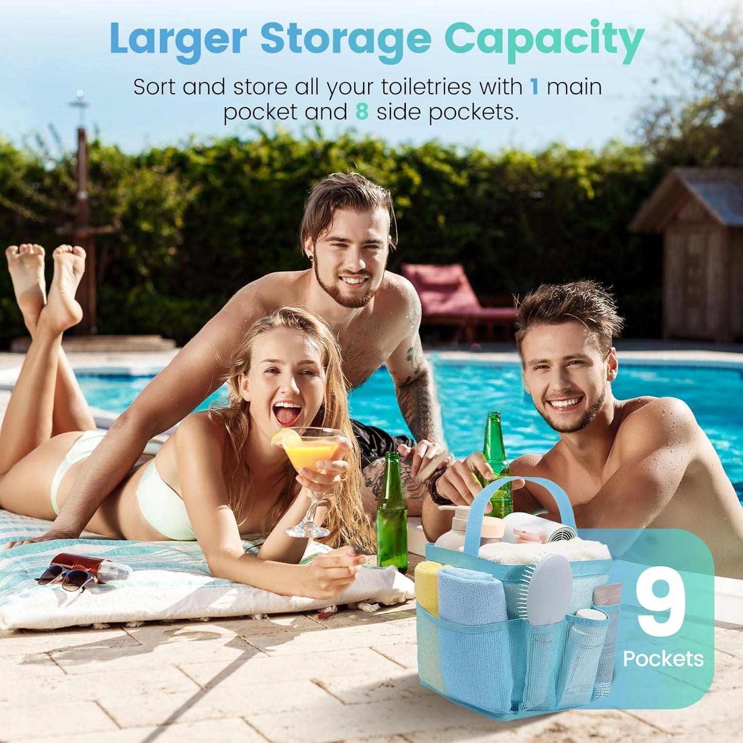 Shower Caddy Portable for College Dorm Room Essentials for Girls with 9 Pockets,Large-Capacity Shower Basket,Quick Dry Toiletry Tote Bag for Women,Outdoor Gym,Travel,Swim,Beach Camping Essentials-Blue