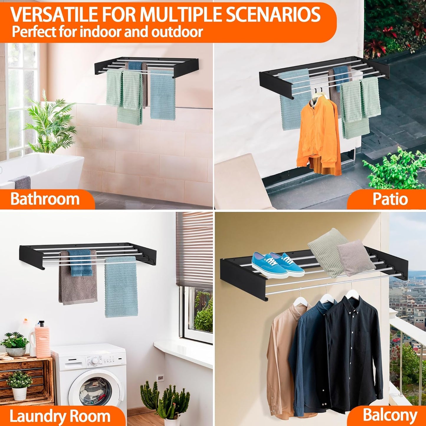 FOCHIER F Laundry Drying Rack Wall Mounted Clothes Drying Rack Collapsible with 5 Aluminum Rods and Drilling Template Long Screwdriver Bit 60 lbs Capacity (Black, 31.5")