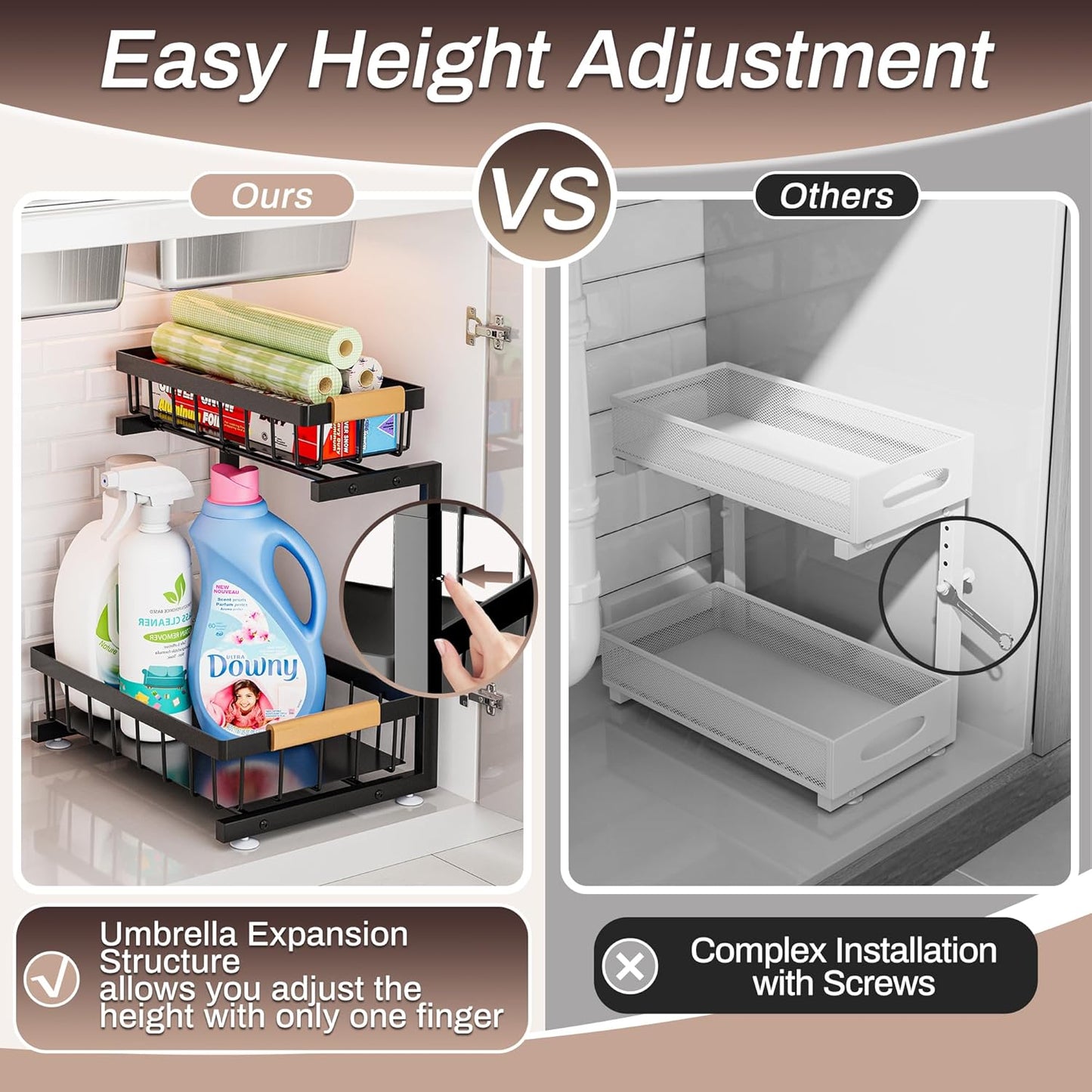 ADBIU Under Sink Organizer, 2 Pack 2 Tier Expandable Height (13.2" - 17.2") Pulling Out Kitchen Bathroom Cabinet Organizers