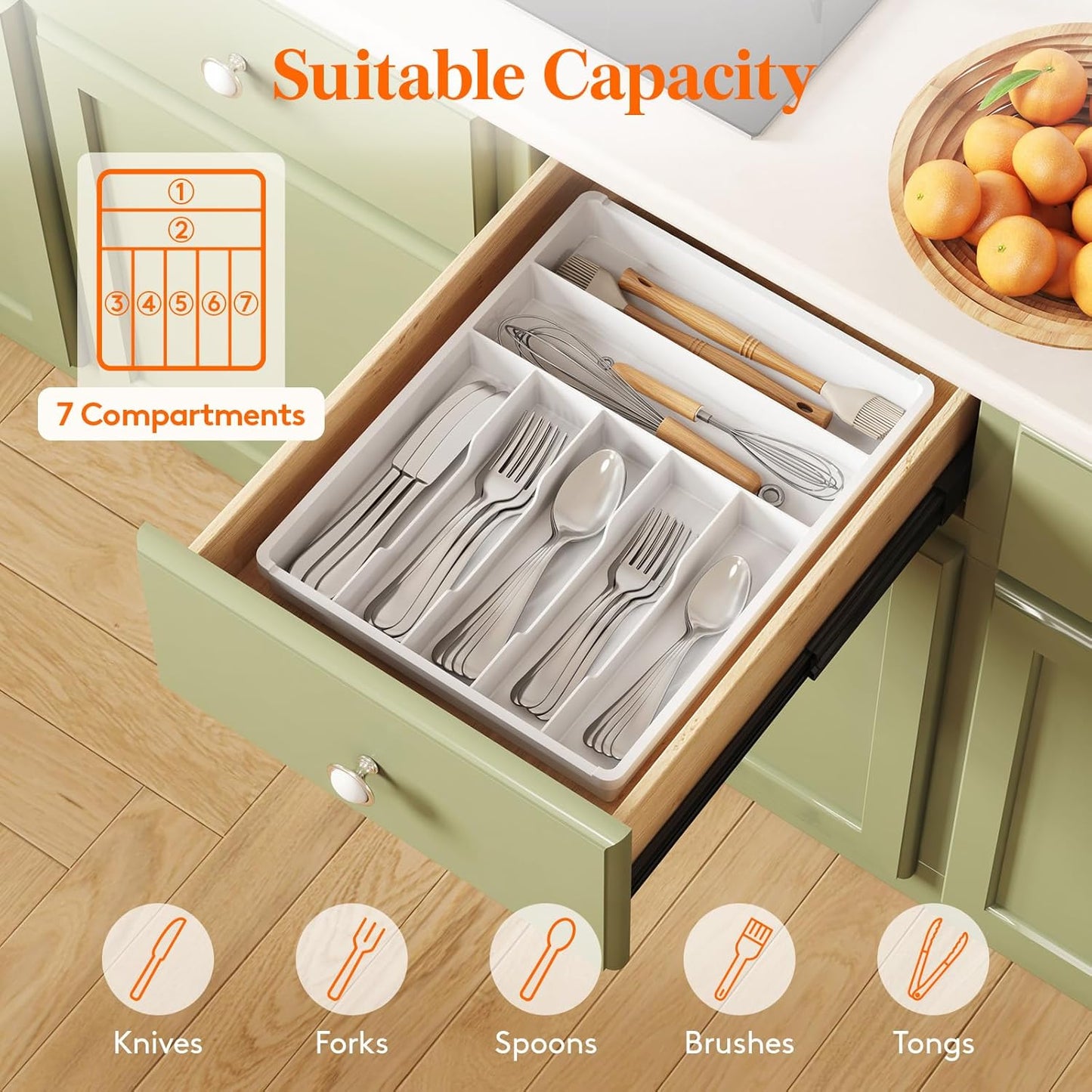 Lifewit Silverware Tray, Deep Wide Cutlery Drawer Organizer Storage for Kitchen, Plastic Flatware Utensil Holder Divider for Spoons Forks Knives Tableware, 7 Compartment, White