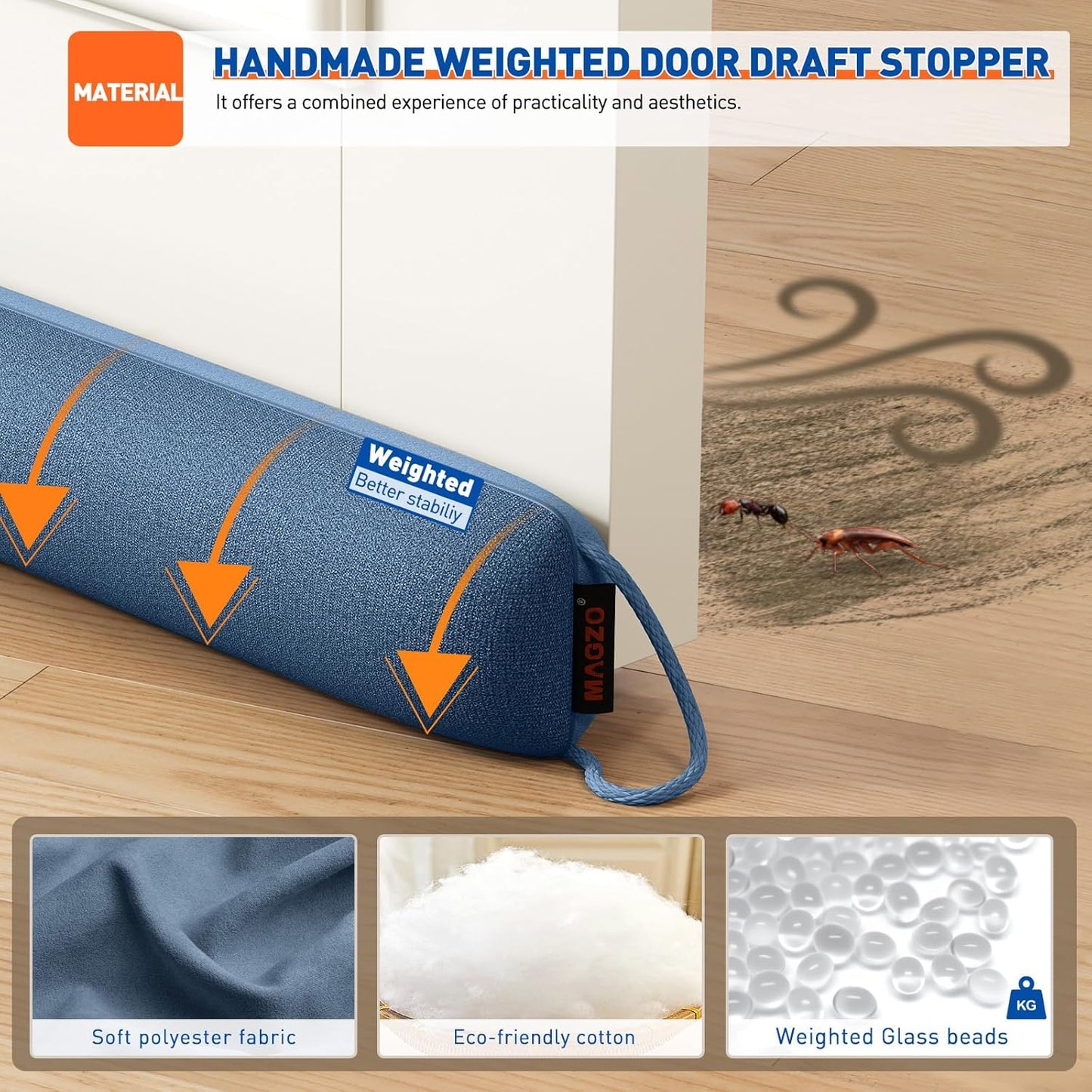 MAGZO Door Draft Stopper, 36 Inch Under Door Draft Blocker Noise Stopper, Weighted Wind Blocker Draft Guard for Bottom of Door, Blue