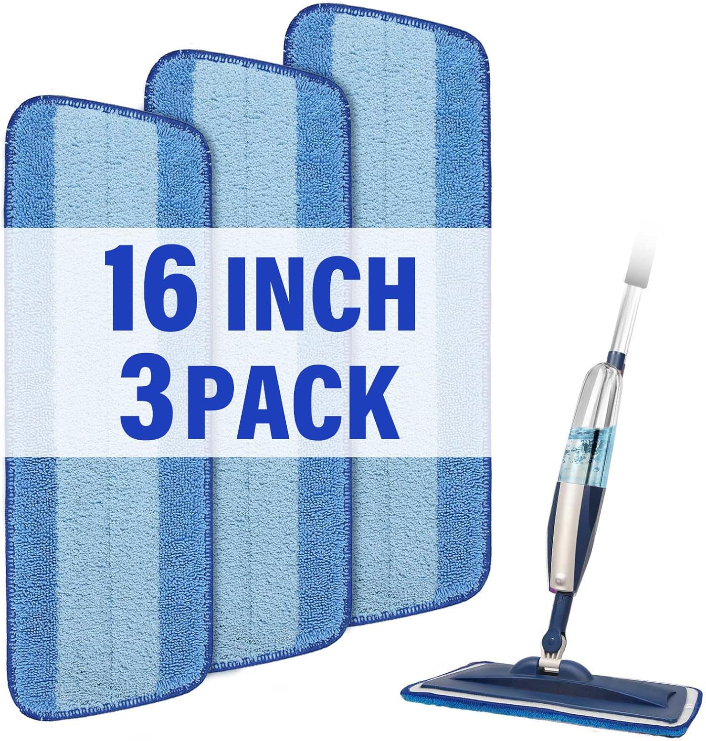 16.5 inch Mop Pads Refills, 3 Pack Microfiber Reusable Replacement Mop Pads Flat Replacements Heads for Wet Or Dry Floor Cleaning and Scrubbing, Blue Cloth