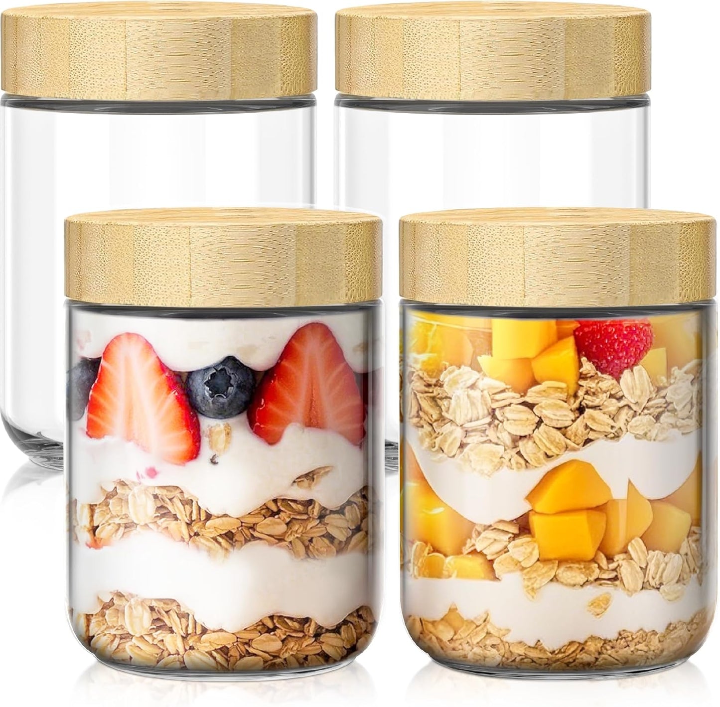 4 pack 16oz Overnight Oats Containers with Bamboo Lids, Glass Jars with Airtight Lids for Meal Prep, Wide Mouth Mason Salad Jars, Glass Food Storage Container for Yogurt Chia Snacks Spice Sugar