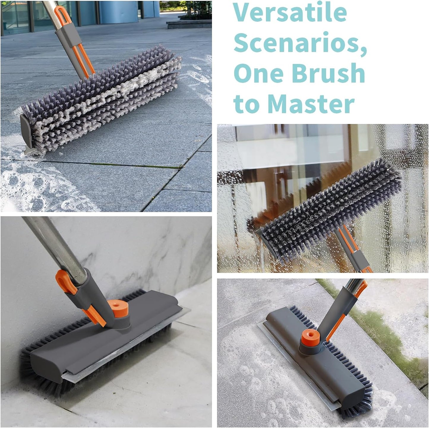 Floor Scrub Brush with Long Handle, 3 in 1 Scrape and Heavy-Duty Stiff Bristle Scrubber Brush for Cleaning Shower Bathroom, Patio, Garage, Kitchen, Wall and Deck (Gray, 1 Pack)