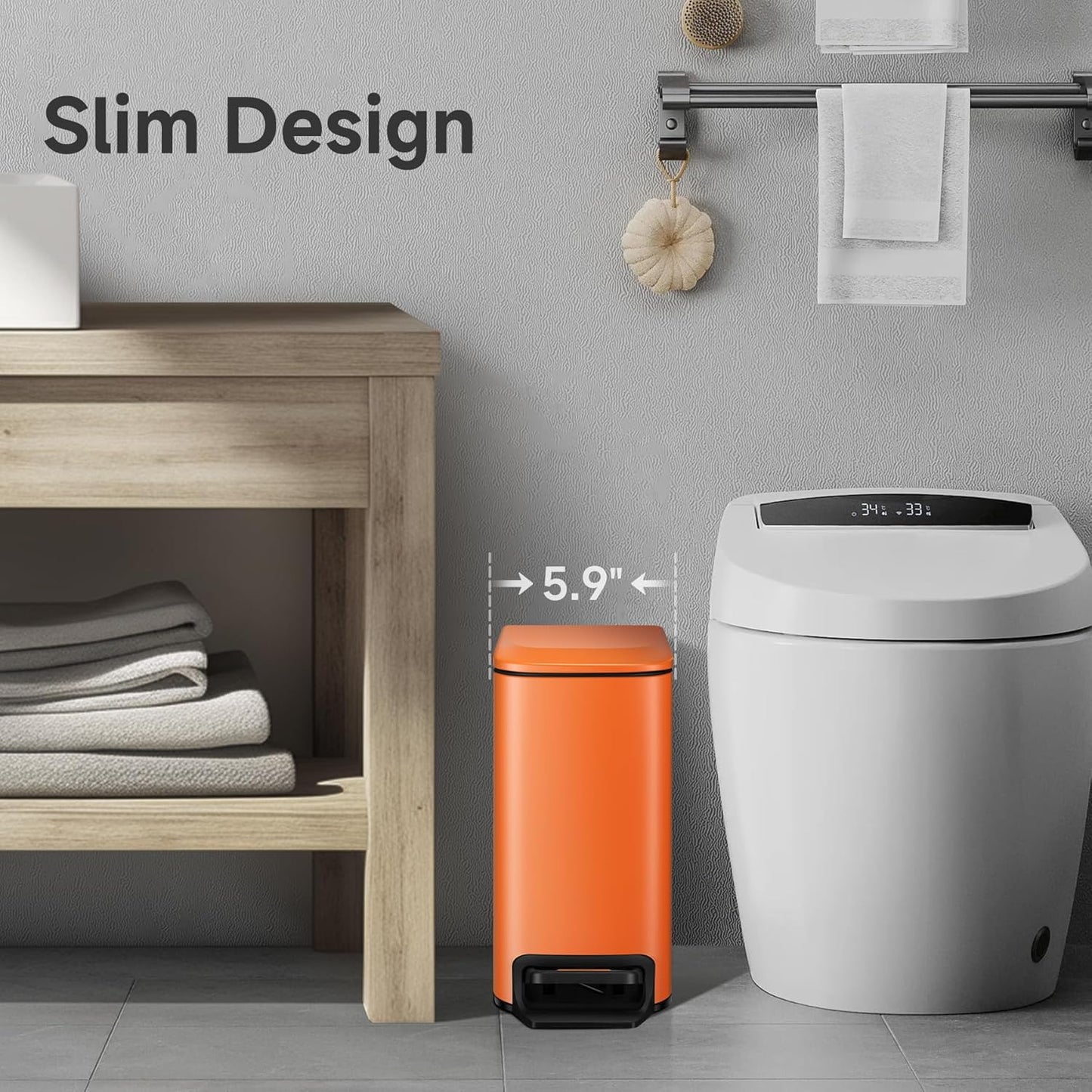 TIPGO Small Bathroom Trash Can with Lid Soft Close, 6 Liter / 1.6 Gallon Stainless Steel Garbage Can with Removable Inner Bucket, Step Pedal, Slim Trash Cans for Bedroom, Office, Kitchen (Orange)