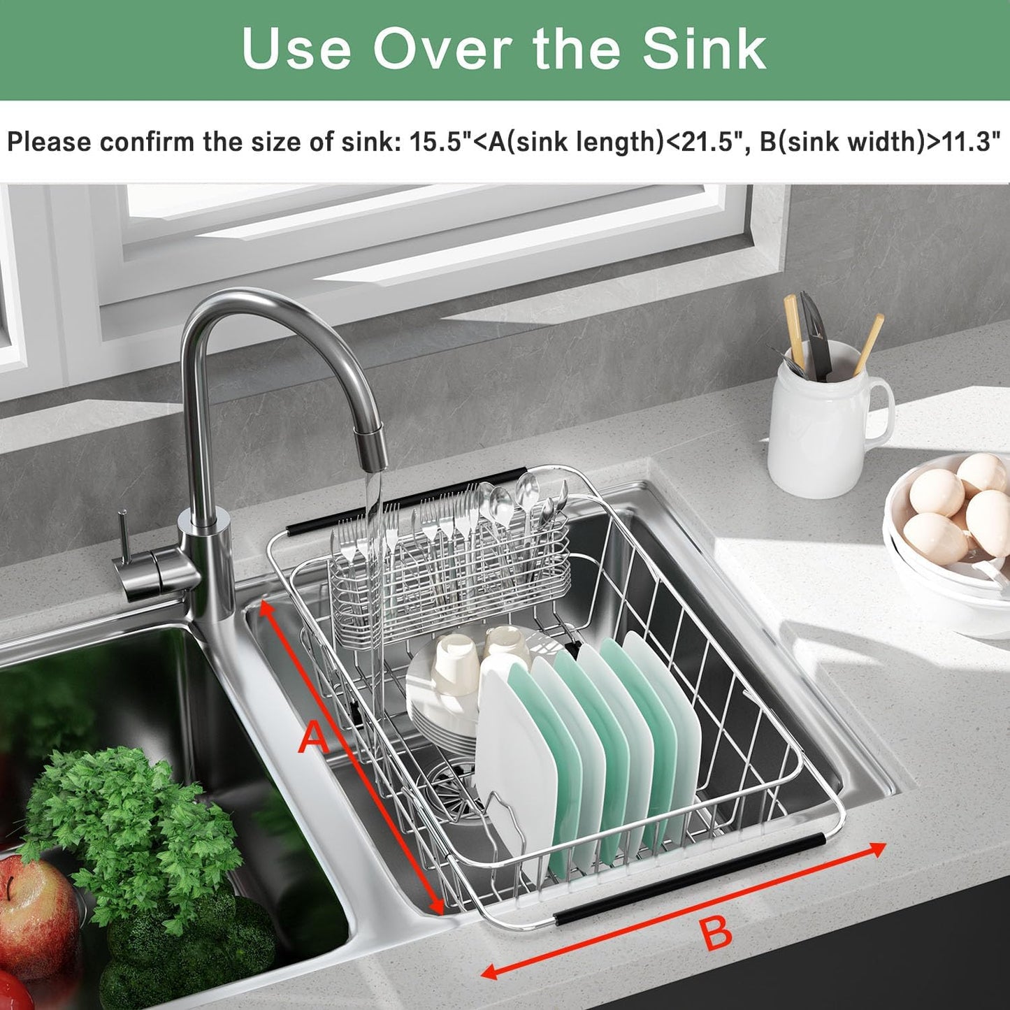 Large Dish Drainer Rack in Sink Adjustable, Expandable 304 Stainless Steel Metal Dish Drying Rack Organizer with Stainless Steel Utensil Holder Over Inside Sink Counter, Rustproof