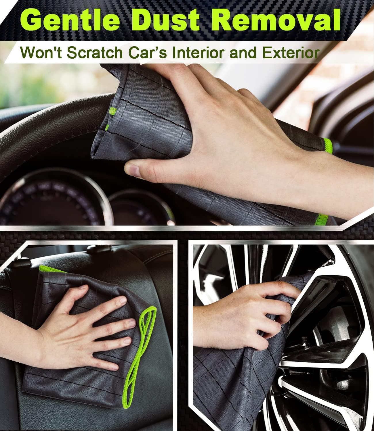 Airlab Carbon Microfiber Towels for Car Glass Window Polishing Cleaning Cloth Auto Detailing Lint Free Streak Free Drying Car Wash Large Towel, Pack of 2, 20" x 16", Grey-Green