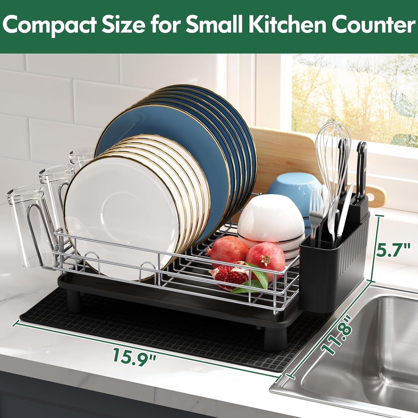 JASIWAY Stainless Steel Dish Drainers Drying Rack for Kitchen Counter with Drainboard, Rust Proof Metal, Space Saving, Modern Aesthetic, Compact Plates Strainers with Extra Mat, Silver