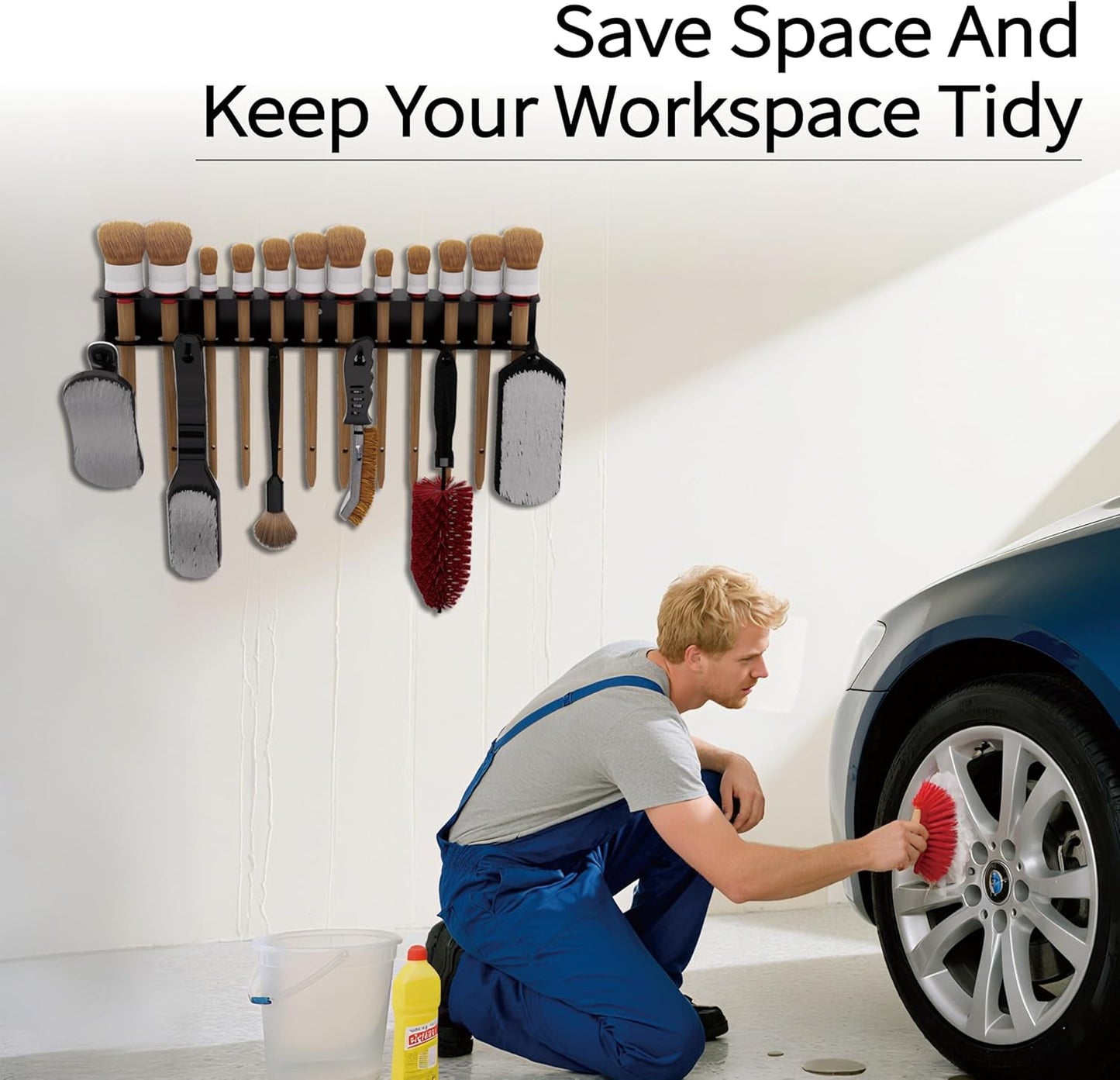 Wall Mount Brush Holder & Tool Hanger Rack for Garage, Detailing Organizer with Mounting Hardware - Holds 12 Brushes + Hooks for Towels & Tools