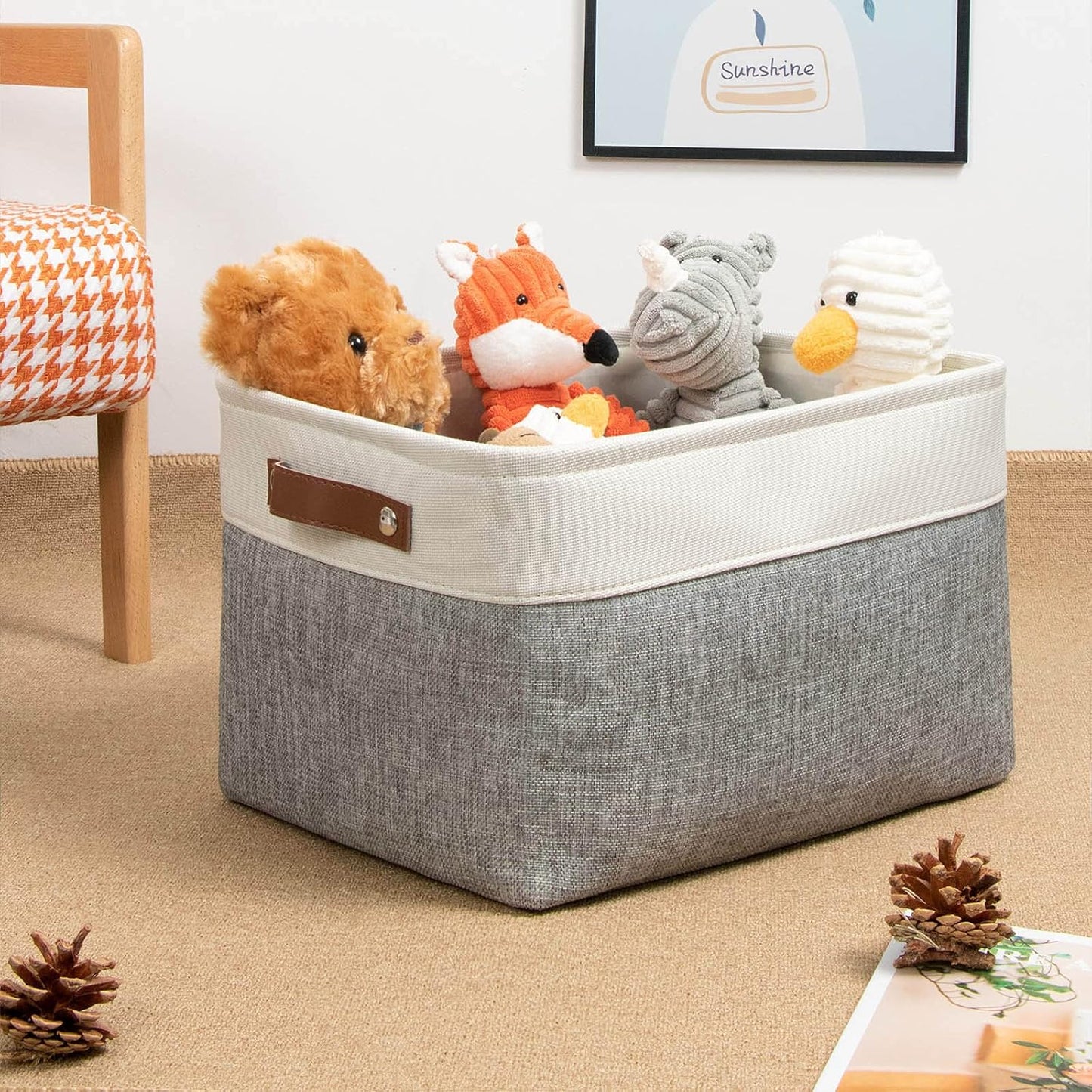 DULLEMELO Collapsible Rectangle Storage Basket for Shelves/Closets - Organize Clothes, Toys, Towels, Books, Laundry, Nursery, Dog Toys - Empty (White & Gray)