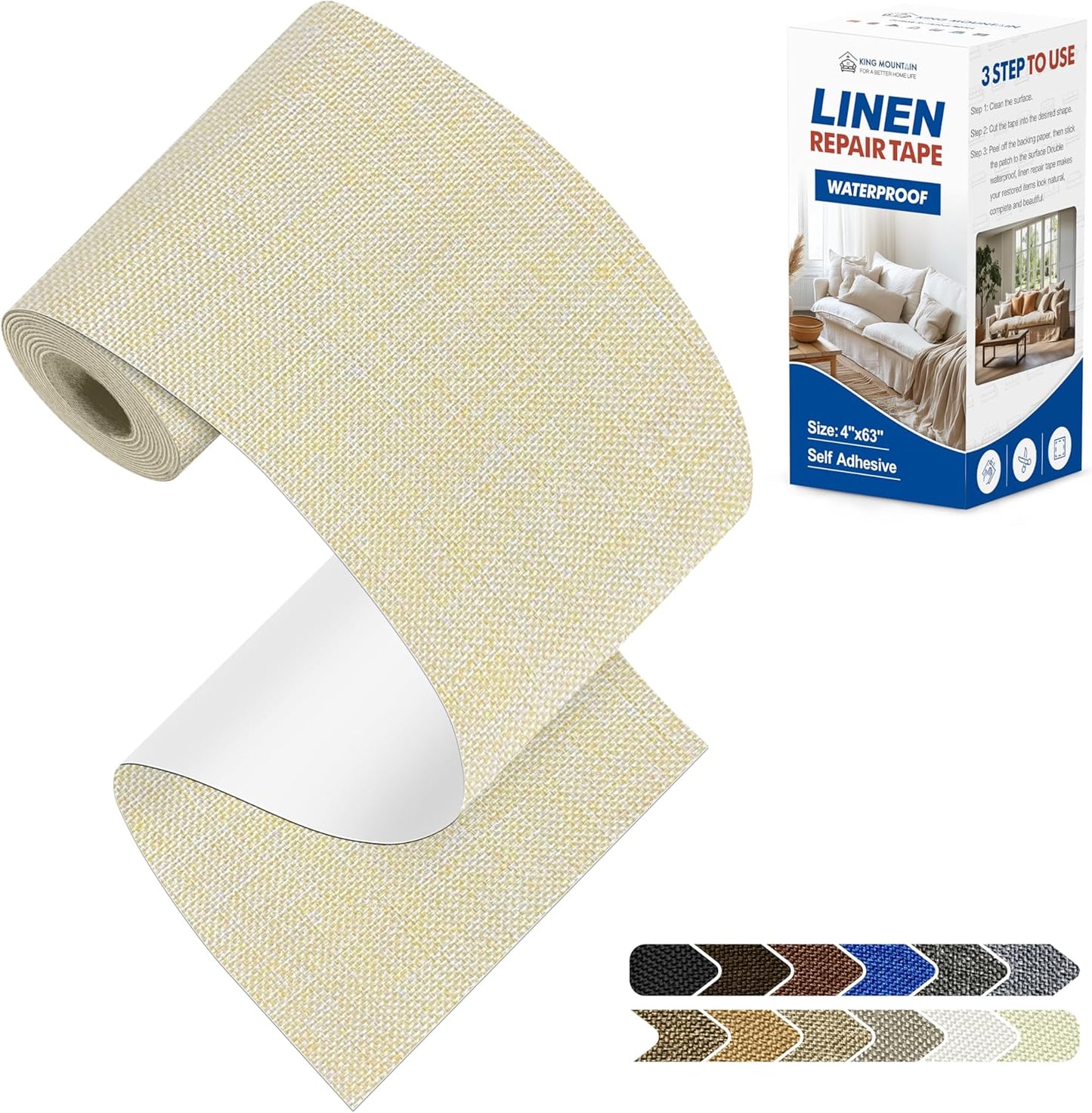 KING MOUNTAIN Linen Repair Patches, Self-Adhesive Fabric Patches, 4 X 63 inch Extra Size, Multi Color, Can be Used fo Sofa Repair and Linen Clothes Repair (Beige 1.0)