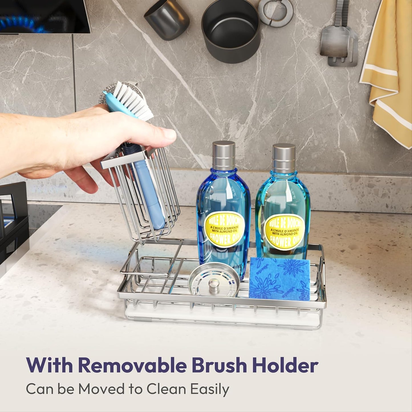 SWTYMIKI Multifunctional Kitchen Sink Caddy - Large Sponge Holder for Kitchen Sink with Removable Brush Holder + Drip Tray, Silver