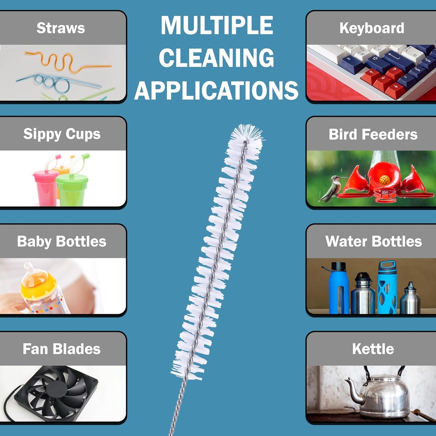 Strong 'n Flex Nylon Straw Cleaner Brushes – Fan-Shaped End for Tight Spaces, Ideal for Reusable Straws, Water Bottles, Sippy Cups & Pipes – Includes Zippered Pouch – 8" Long – Set of 8