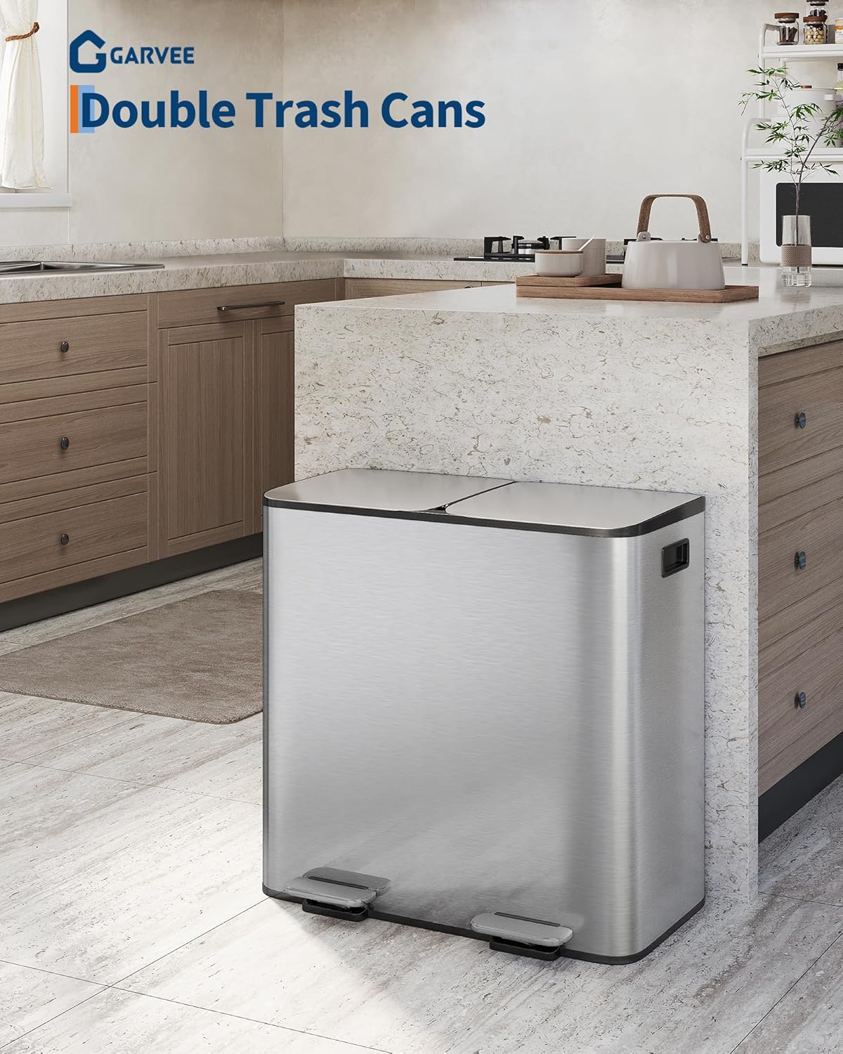 GarveeHome 2 x 10.6 gal Stainless Steel Double Trash Can with Lid for Kitchen, Large Dual Trash and Recycle Bin Combo, Step-on Kitchen Metal Garbage Cans, PP Inner Buckets, Liner Rim, Silver