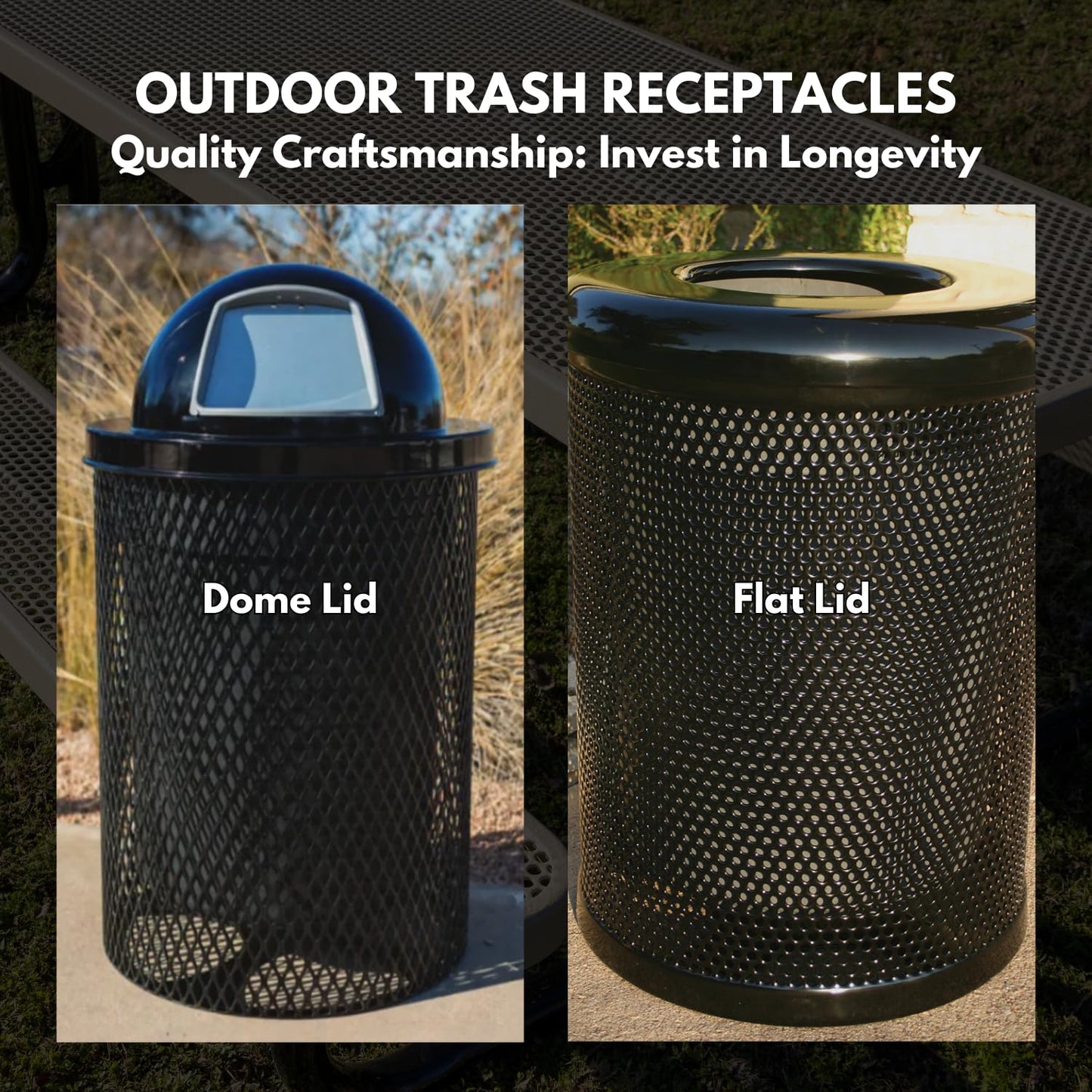COATEDOUTDOORFURNITURE RFT-P-TXTBRW Heavy Duty Round Trash Receptacle with Flat Top, Liner Included, 32 Gallon, Textured Brown, Made in America