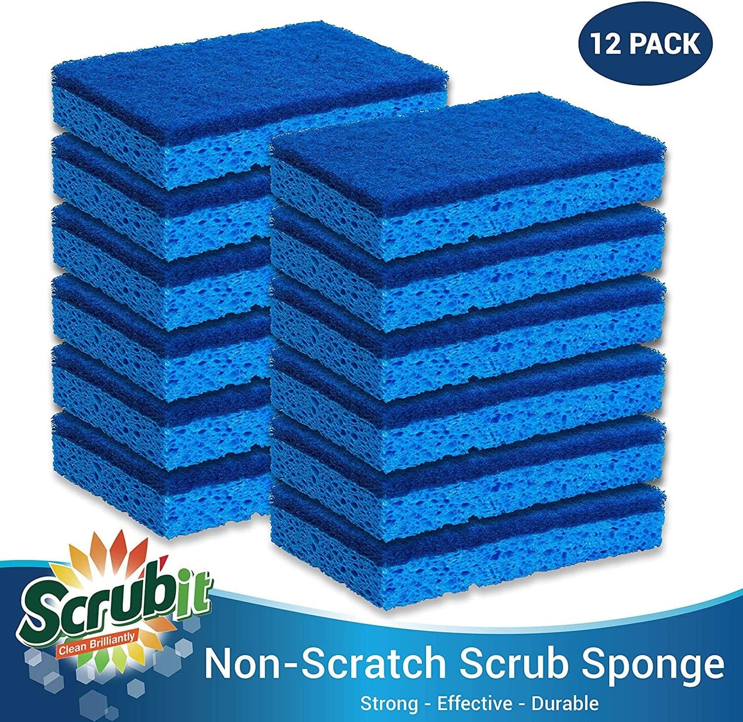 SCRUBIT Kitchen Scrub Sponges - Non-Scratch Dishwashing Sponge for Cleaning Dishes, pots and Pans - 12 Pack (Blue)
