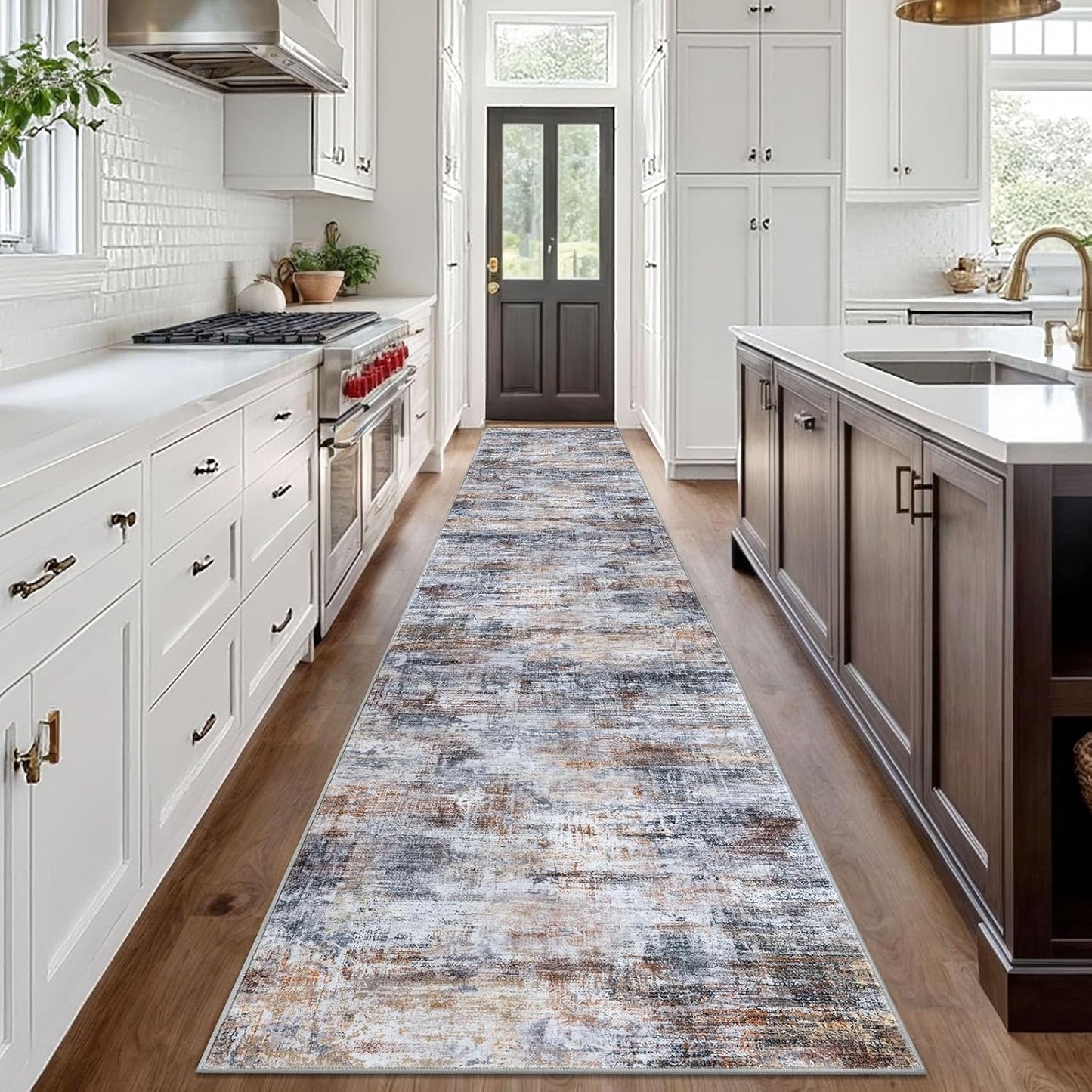 IOHOUZE Abstract Runner Rug 3x18 Ft Washable Runners for Hallways, Non Slip Kitchen Runner Printed Faux Wool Entryway Runner Indoor, Modern Abstract Floor Carpet for Hall Stair, Orange Grey