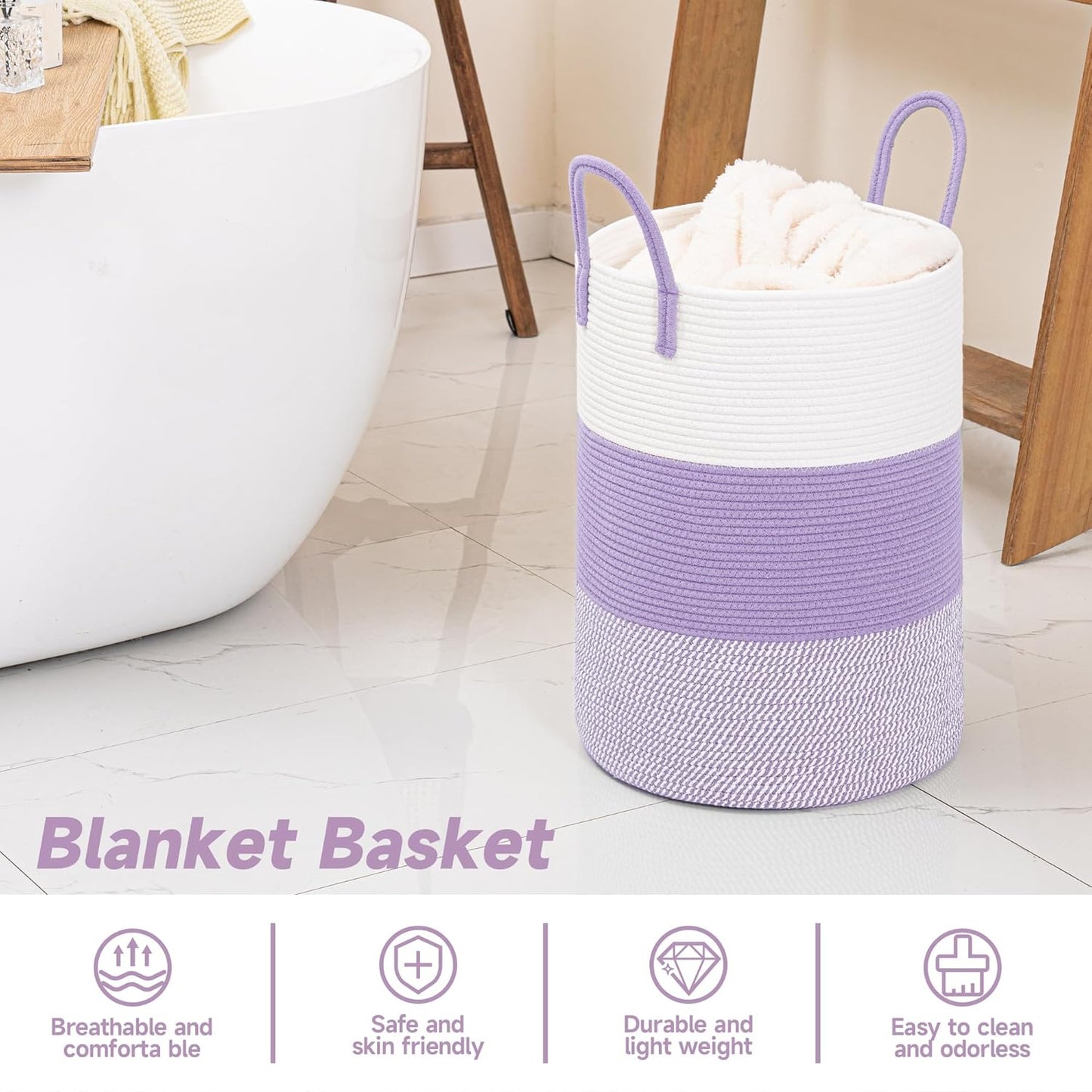 CLHMILY&Z 40L Laundry Basket Round Storage Rope Basket - 13x18 Inches - Lavender Hamper in Bedreoom and Cute Storage Bin for Blankets, Toys, and Nursery Essentials