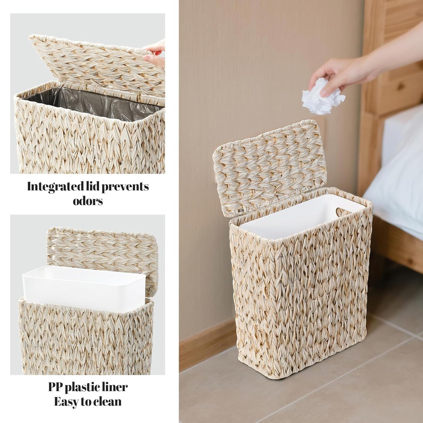 Wicker Trash Can with Lid and Liner,Boho Decotative Small Bathroom Trash Cans,Waterproof Slim Waste Basket for Bedroom,Home Office,3 Gallon