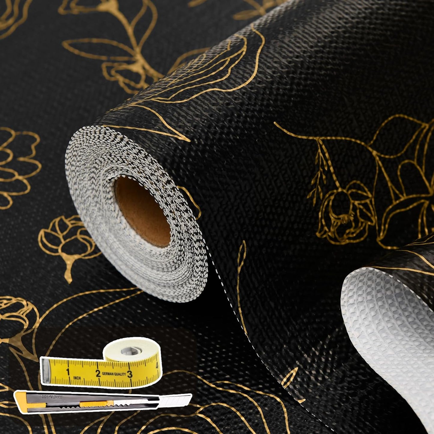 Shelf Liners for Kitchen Cabinets 12in x 30FT Non Adhesive Drawer Liner Black Floral Thickened Shelf Liner Paper Strong Non-Slip Easy to Clean for Tool Box Refrigerator with Knife and Tape Measure