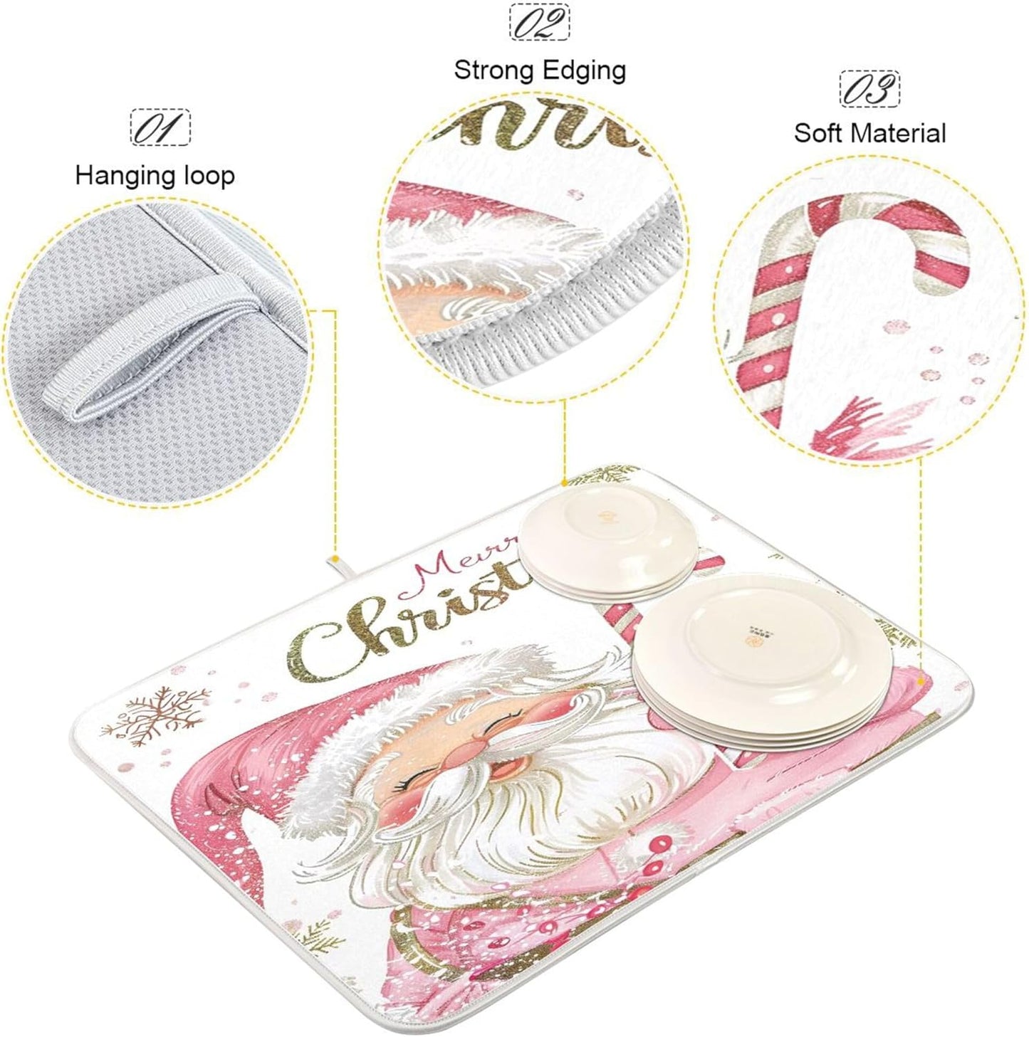 Christmas Santa Claus Pink Dish Drying Mat for Kitchen Countertop 18x24 Xmas Candy Cane Snowflake Large Drying Mat Reusable Quick Dry Dish Sink Mats Easy Clean Decorative Essentials