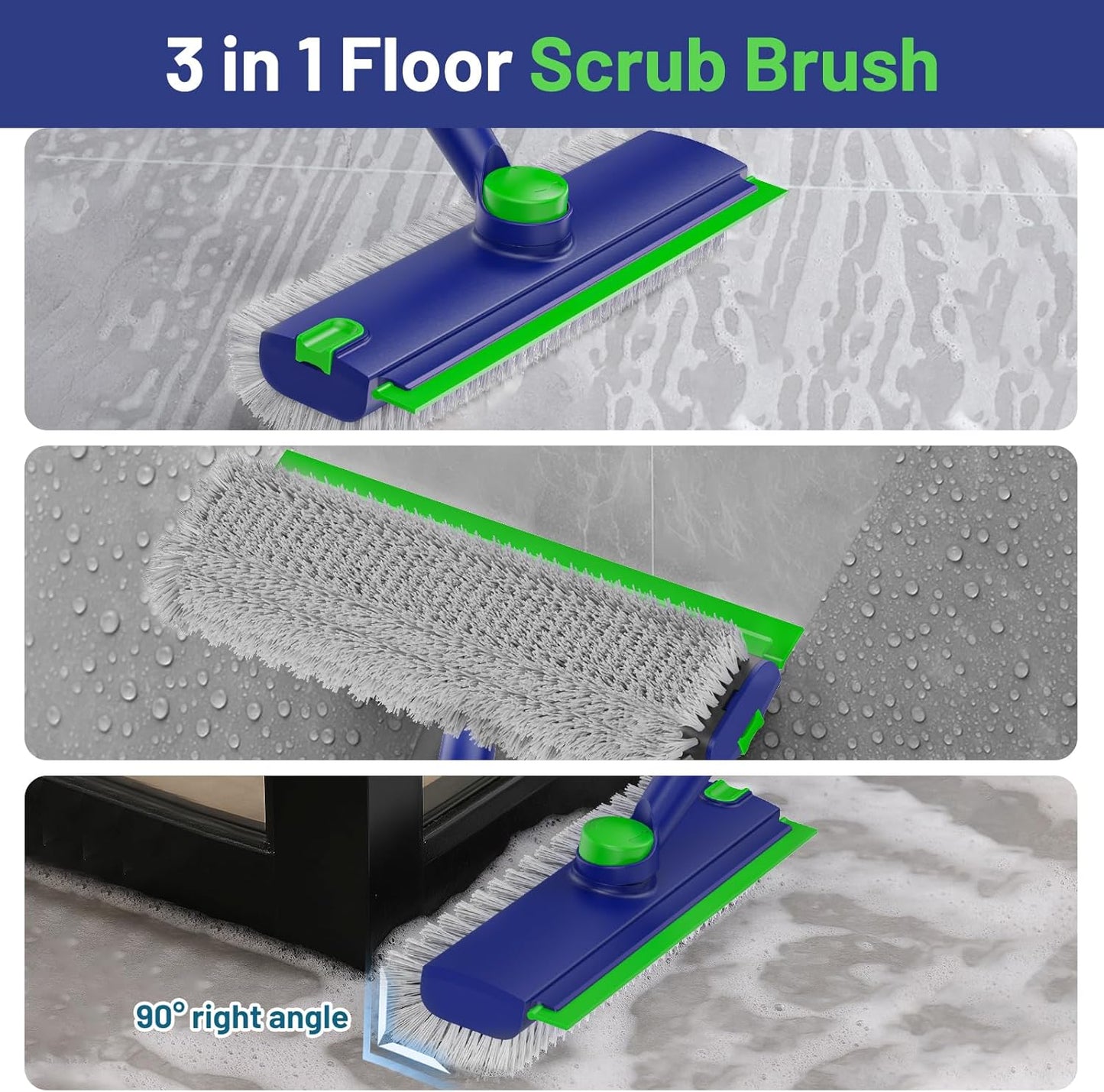 Floor Scrub Brush with Long Handle: 3 in 1 Heavy-Duty Floor Scrubber Brush with Squeegee for Cleaning Tile Bathroom Deck Kitchen Patio