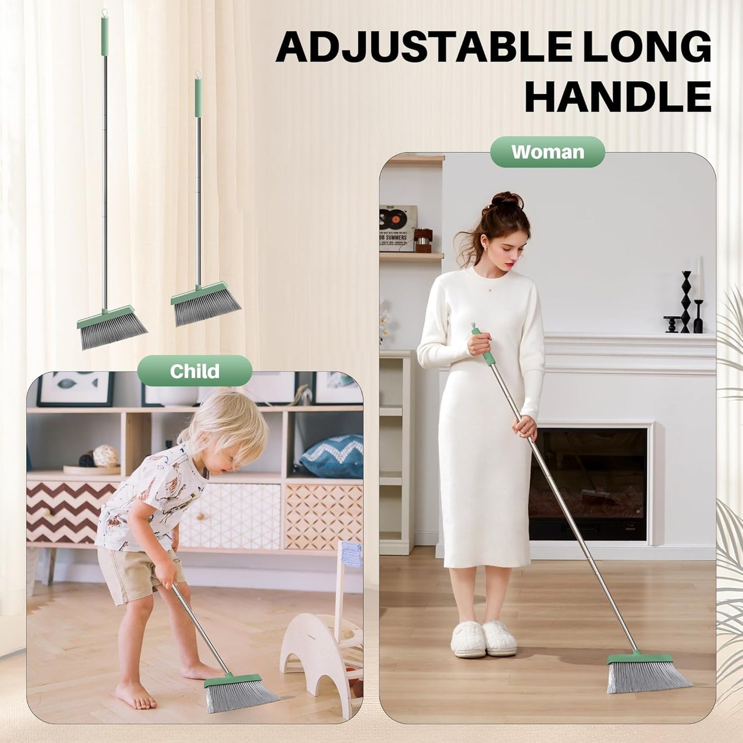 JOYMOOP Dark Teal Green Broom and Dustpan Set, Upright Angle with Built-in Comb Teeth, Ideal for Home, Office, Hardwood, Pet Hair