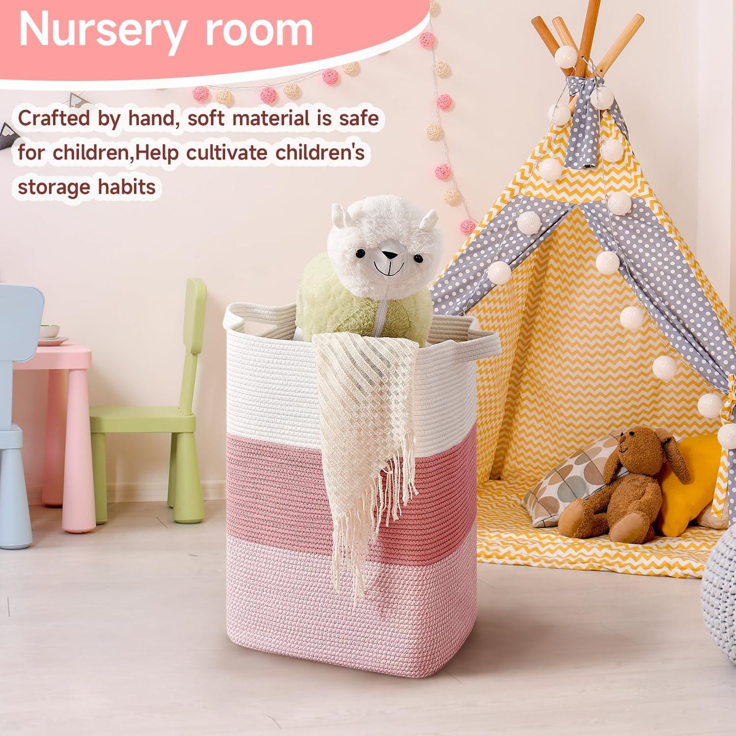 CLHMILY&Z 75L Laundry Hamper Rectangular Pink Rope Basket - 16x13x22 Inches - Dirty Clothes Storage Soft Organizer Bin for Blankets, Toys, and Nursery Essentials