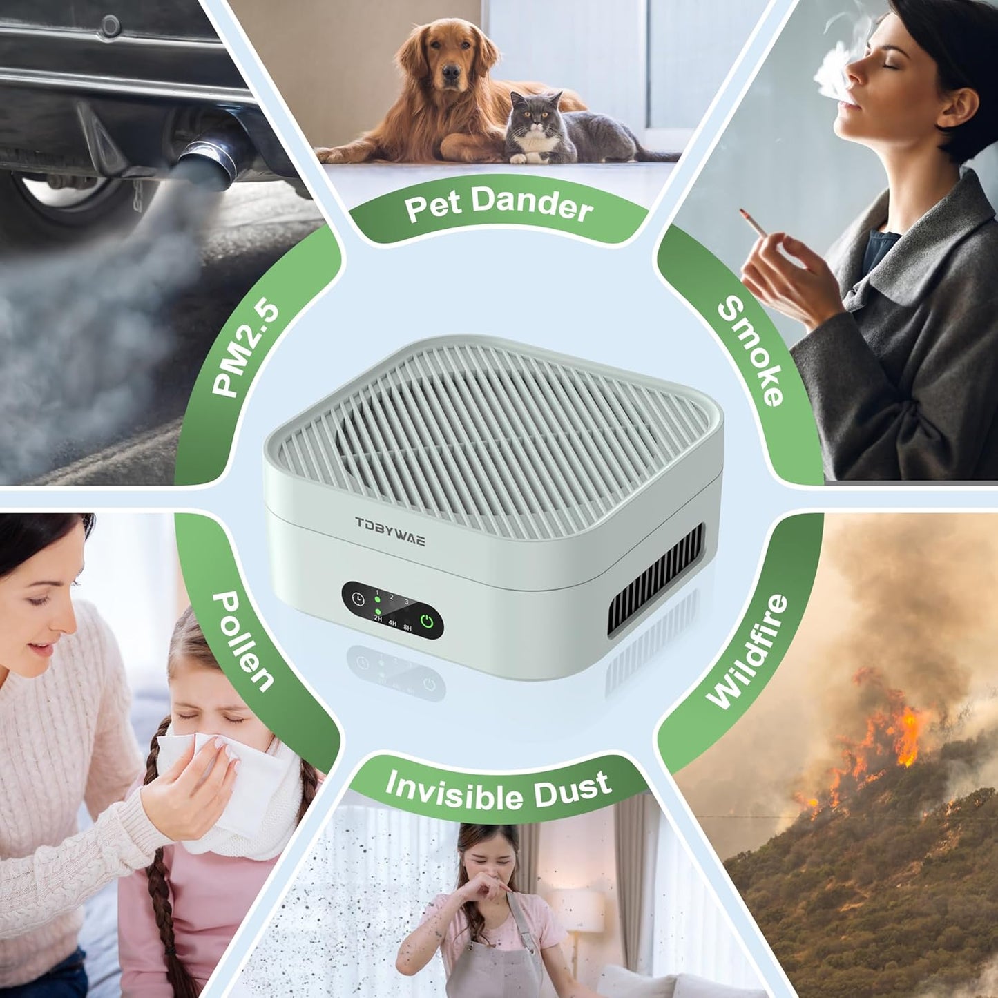 Air Purifiers for Home 600 Sq.Ft, TDBYWAE H13 True HEPA Air Purifier with USB Cable for Pets Dust Dander Pollen Odor Smoke, Small Portable Air Purifier for Bedroom Office Desktop Car RV (Green)