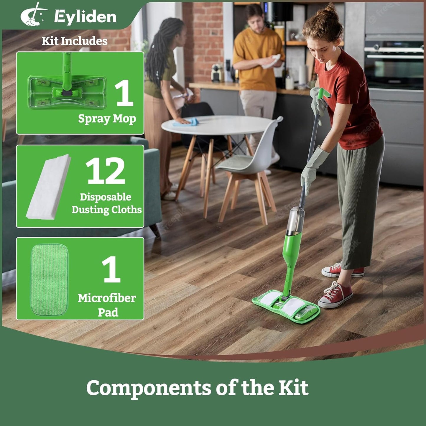 Eyliden Spray Mop - Design for Small Spaces | 12 Disposable Cloths, 1 Reusable Pad, 13 oz Refillable Bottle | Wet Mops for Apartments and Dorms Floors, Lock Tight Design, No Lost Pads - Swivel Head