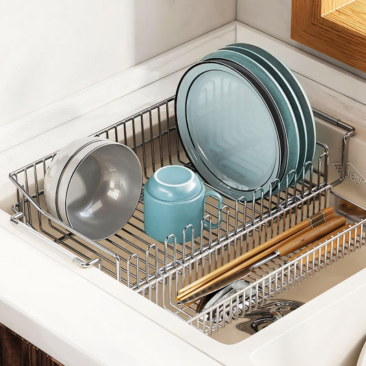304 Stainless Steel Over Sink Counter Top Perfect Dish Drainer, Extendable Drainage Basket Drying Rack for Fruit, Vegetables, and Dishes - Corrosion-Resistant, Space-Saving