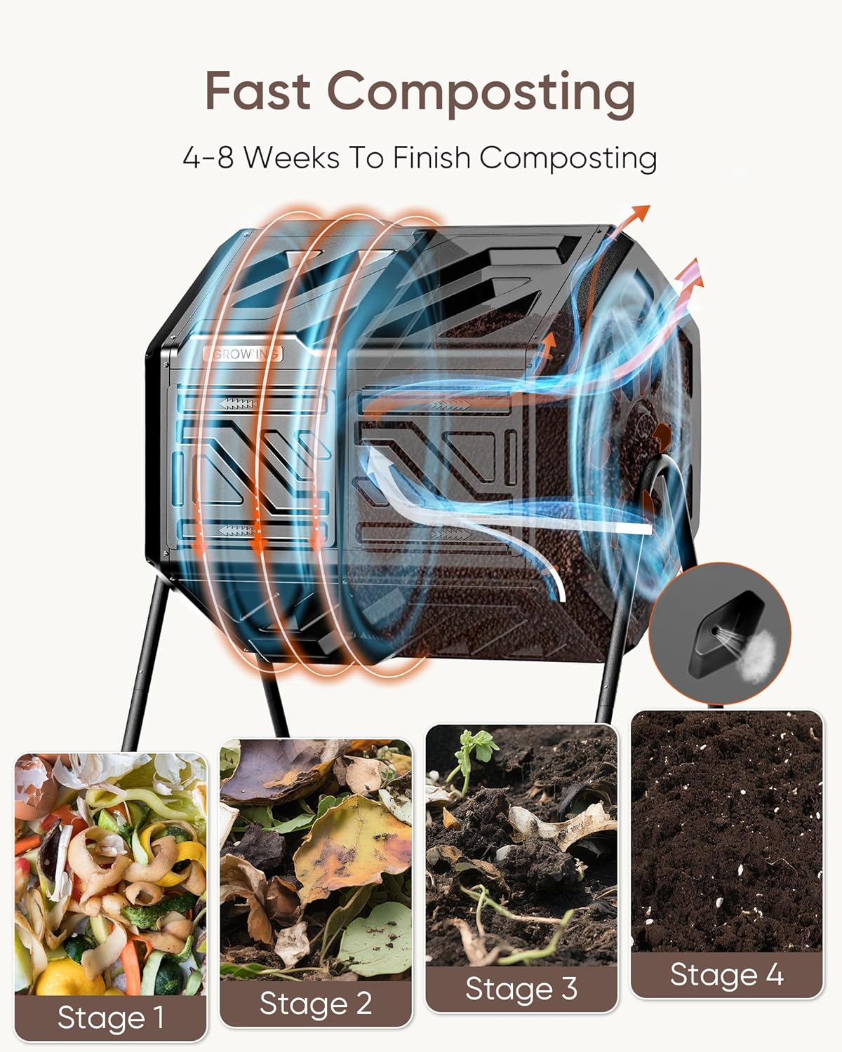 THEGROW'ING Updated 43 Gallon Compost Bin Outdoor, Fast Assemble Tumbling Composter, Dual Chamber Composter Tumbler, Rotating Compost Bin for Outside, Backyard, Garden and Yard, Black