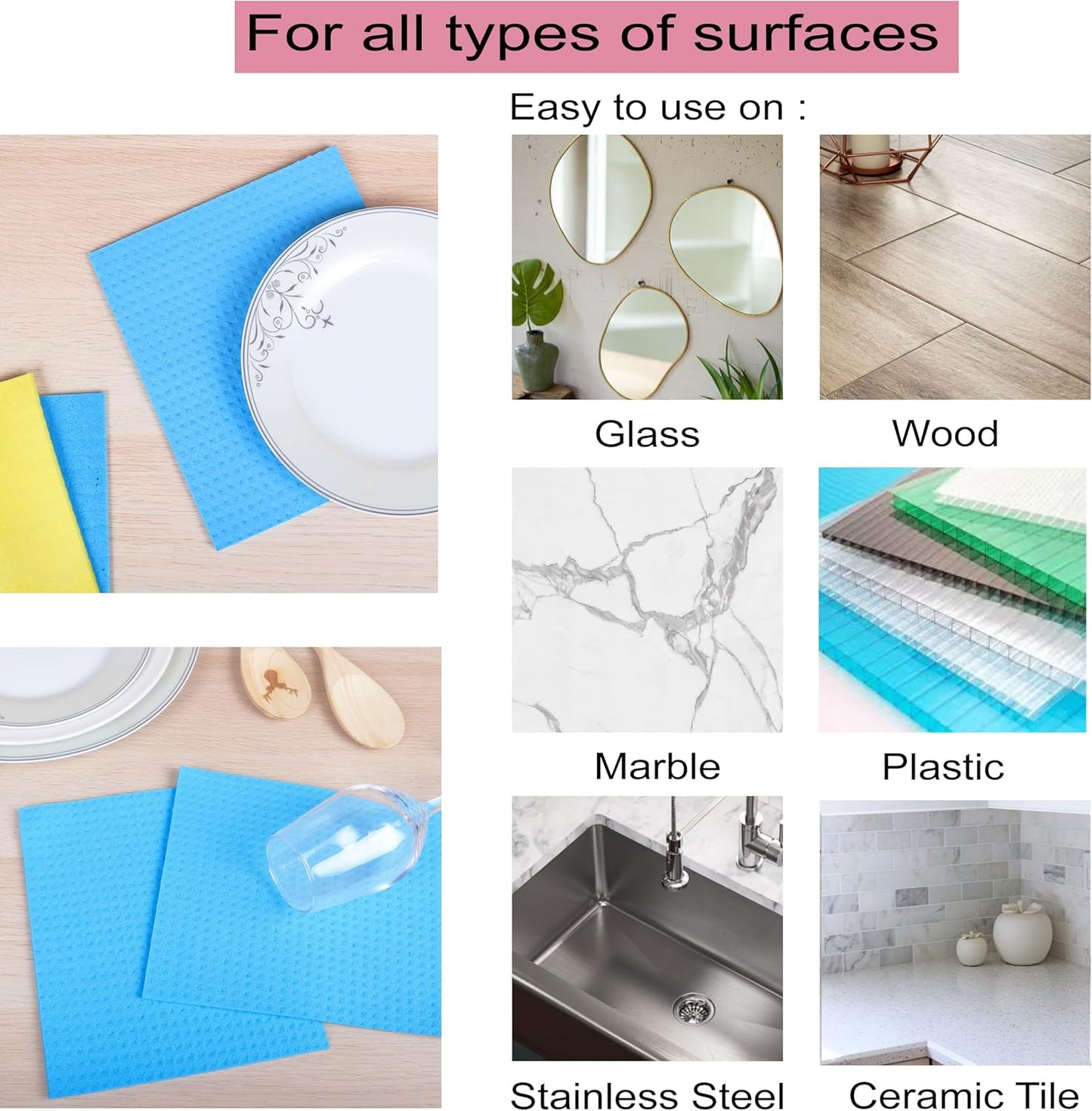 AMOUR INFINI Swedish Dishcloth Cellulose Sponge 8 Pack - No Odor, Resuable and Absorbent Cleaning Cloths for Kitchen, Bathroom, Glass Surface, Furniture (8"x7" Inch - Blue)