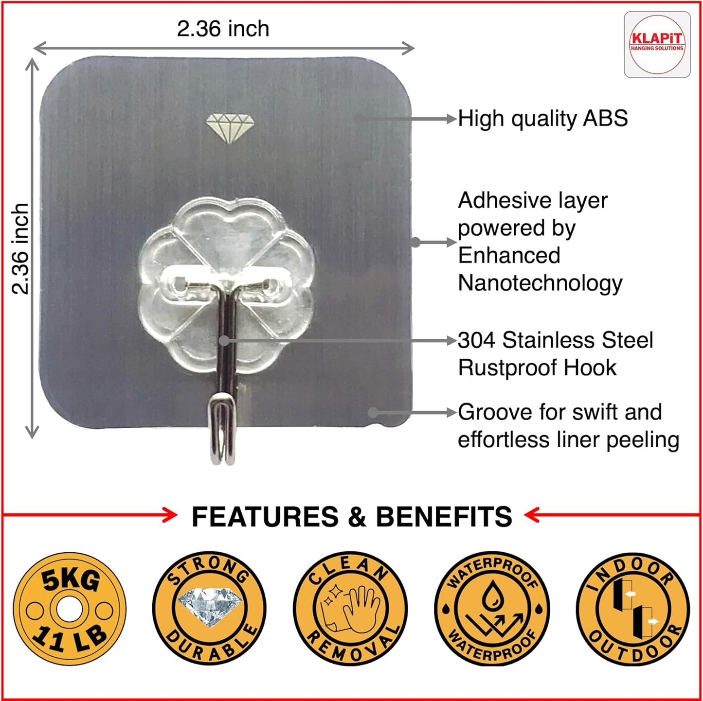 KLAPiT Super Hook - Heavy-Duty Adhesive Wall Hooks, Holds Up to 11 lbs, Waterproof, No Damage, Easy Install on Tile, Wood, Stone, Glass & Metal - Made of Steel (Silver, 4pc)